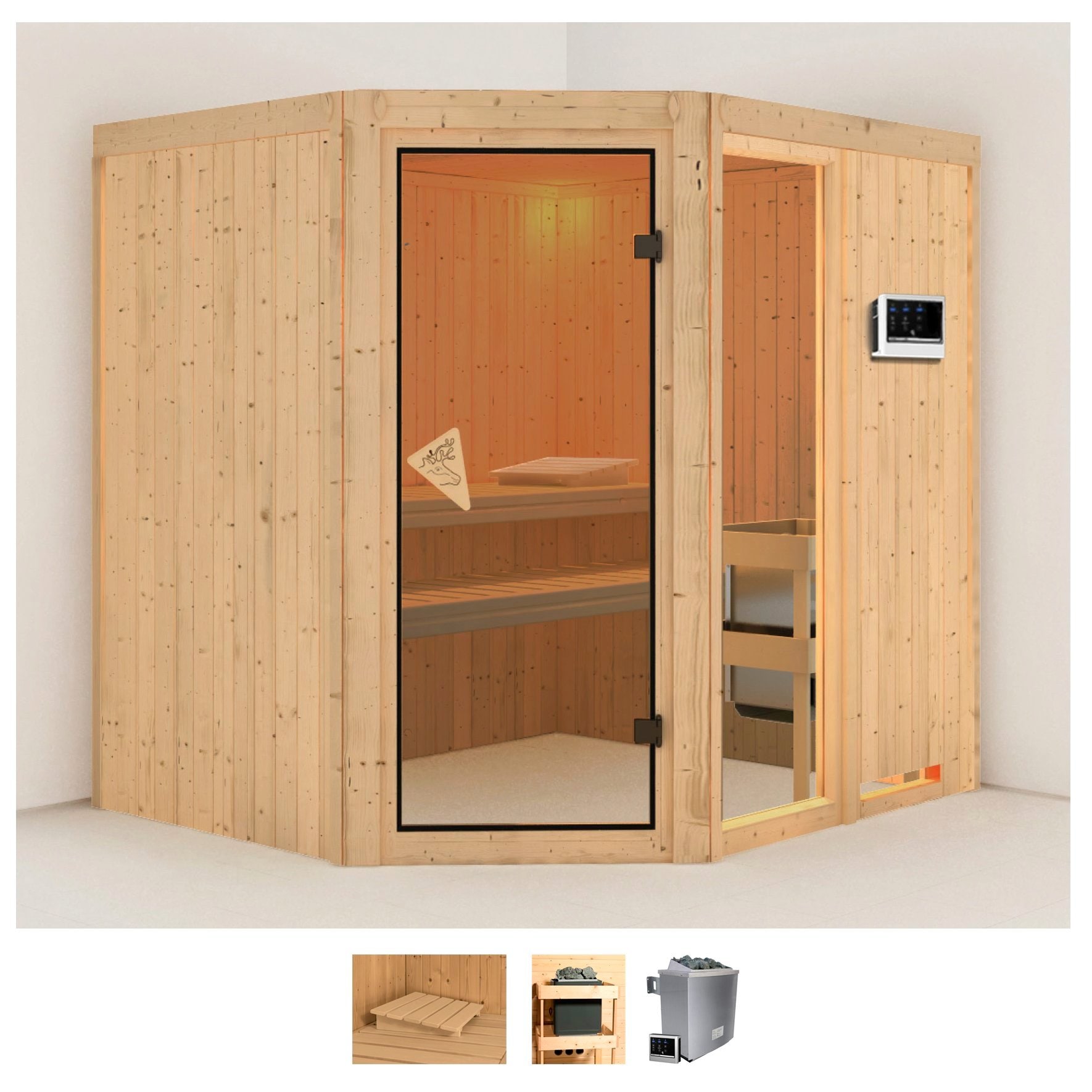 Sauna KARIBU "Frigga 2", beige (naturbelassen), Saunaofen, externe Steuerung, 9 kW, Saunen, 9-kW-Ofen mit externer Steuerung Image