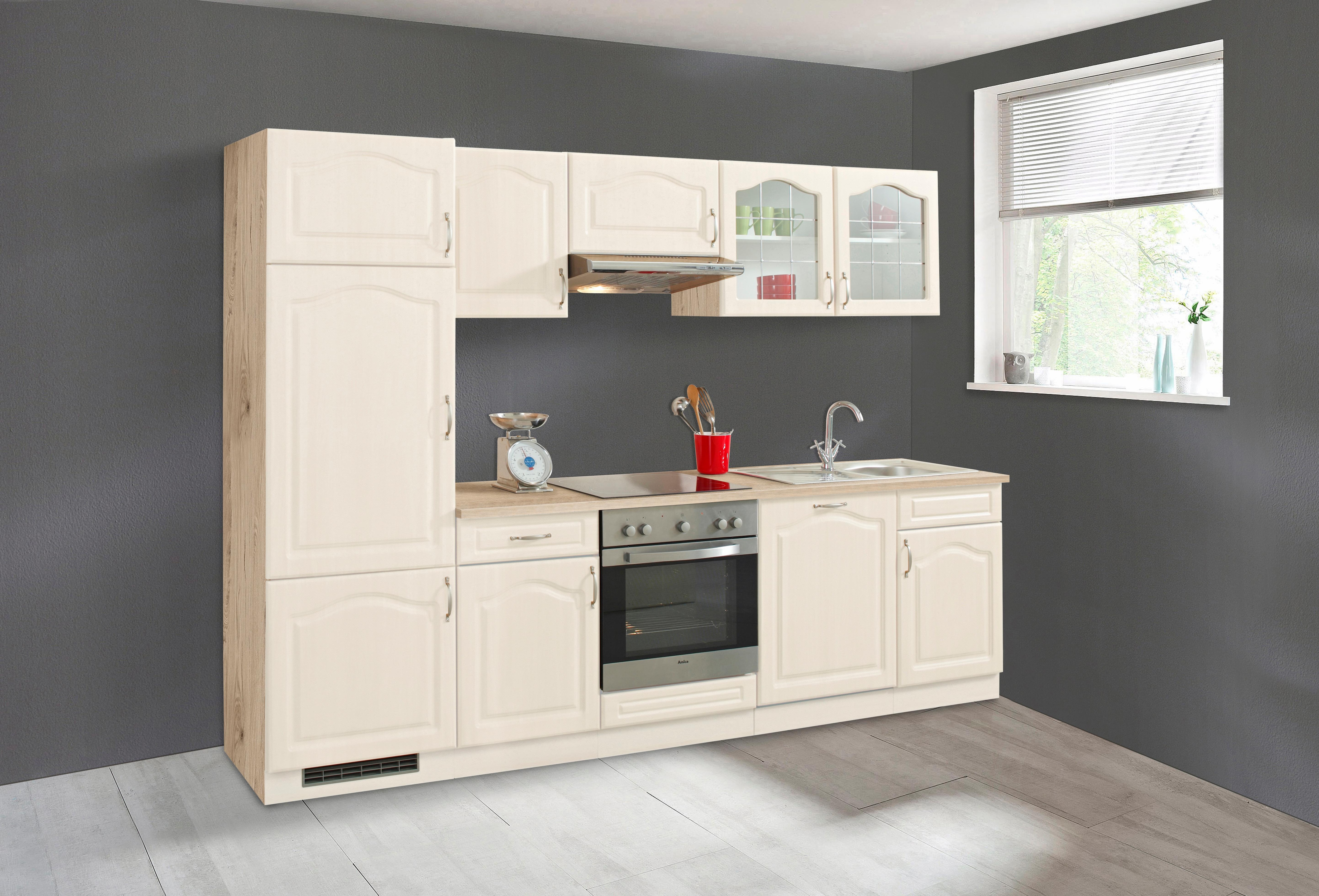 Küchenzeile WIHO KÜCHEN "Linz", gelb (küche: natur, korpus: sonoma eichefarben, arbeitsplatte: sonoma eichefarben), B:280cm T:60cm, Komplettküchen-Sets, Küchenzeile, ohne E-Geräte, Breite 280 cm