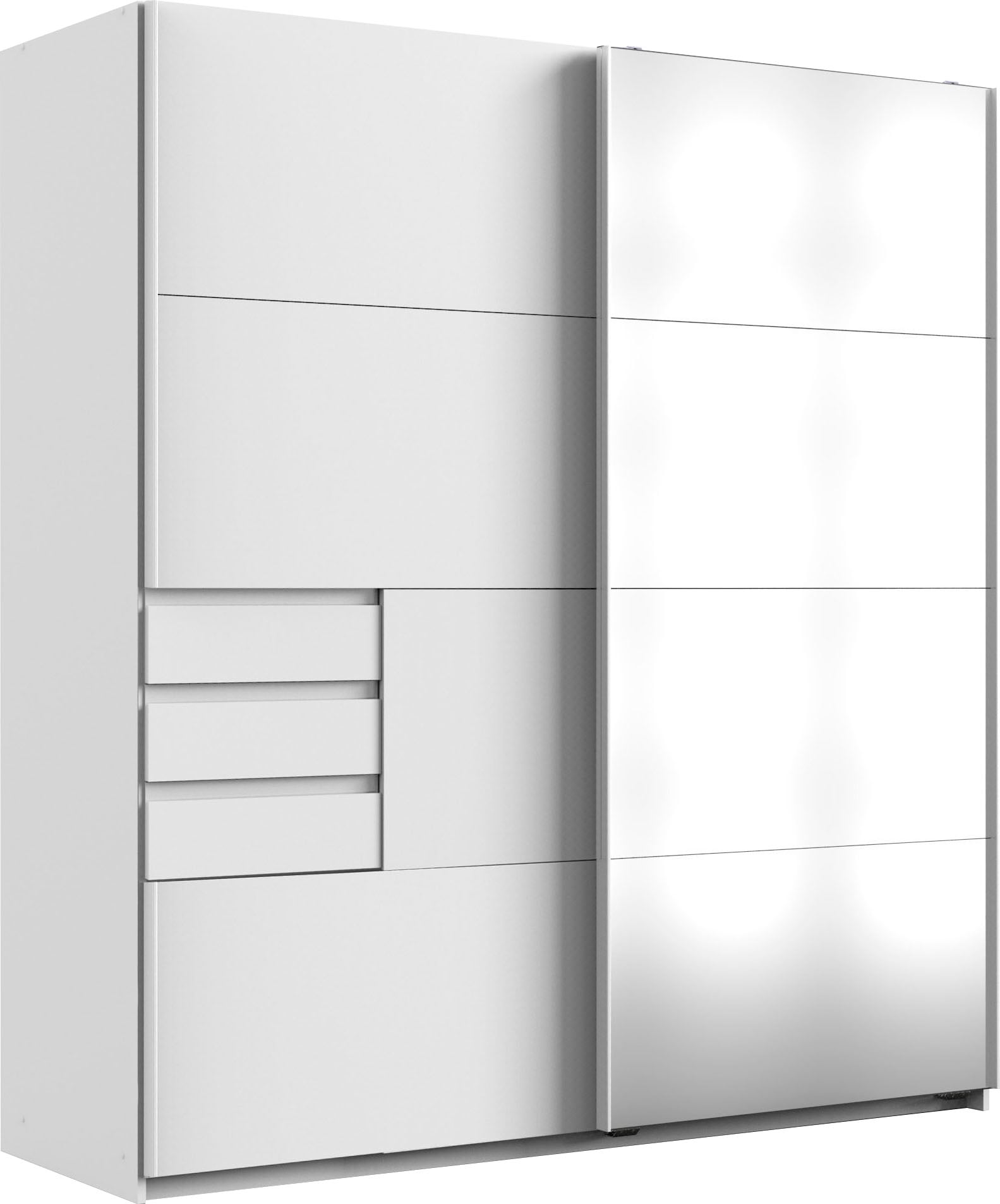 Schwebetürenschrank WIMEX "Oldenburg, Kleiderschrank mit Spiegel in weiß, 3 Schubladen", weiß (weiß, spiegel), B:180cm H:198cm T:64cm, Spanplatte, Schränke, Schwebetürenschrank, mit Spiegel