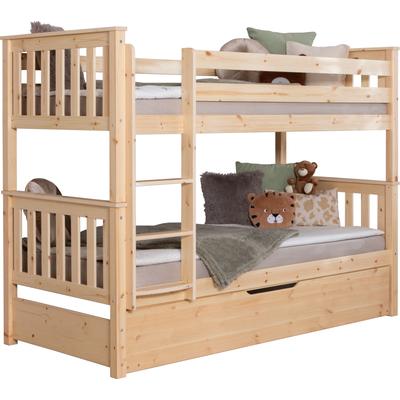 Etagenbett TICAA "Sammy, umbaubar zu 2 Einzelbetten, edles Design im Landhausstil", beige (natur, kiefer massiv natur), B:103,5cm H:160cm L:213cm, Etagenbetten, inklusive Schubkasten, 2x Rollrost, zertifiziertes Massivholz Kiefer