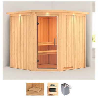 Sauna KARIBU "Jarin", beige (naturbelassen), Saunaofen, integrierte Steuerung, 9 kW, Saunen, 9-kW-Ofen mit integrierter Steuerung