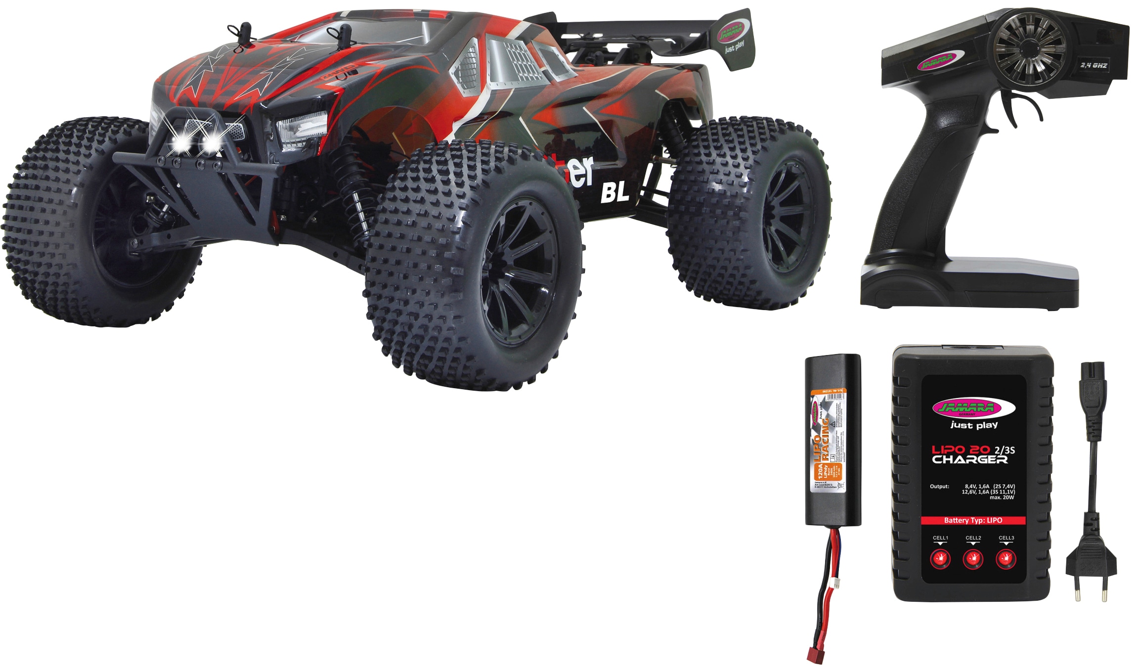 RC-Monstertruck JAMARA "Brecter Truggy BL 4WD", rot (rot, schwarz), Fernlenkfahrzeuge, KinderB:31,2cm H:18,5cm, 1:10, 2,4 GHz, mit LED, B:31,2cm H:18,5cm