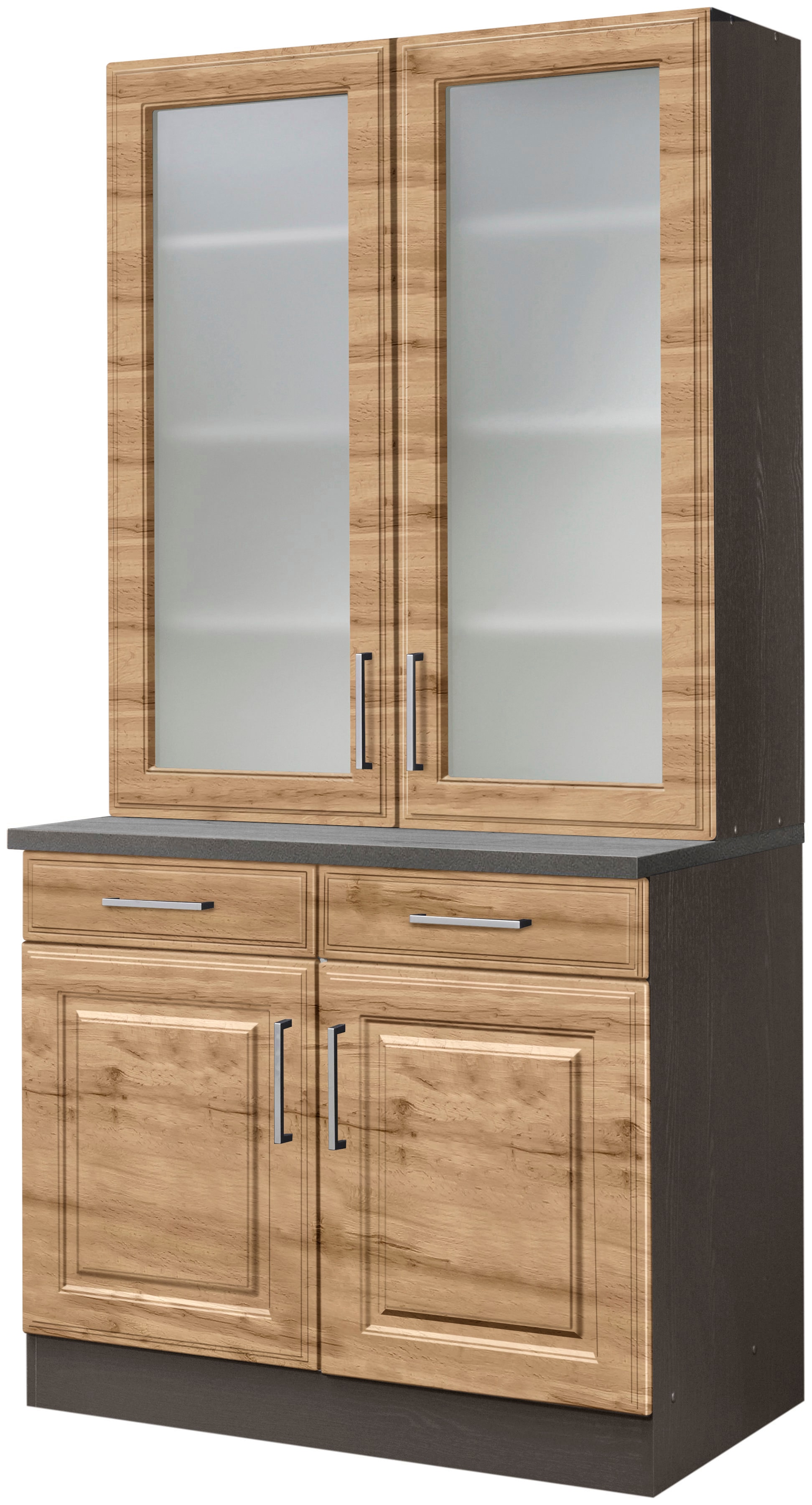 Küchenbuffet KOCHSTATION "KS-Stockholm", grau (wotaneiche, grafit), B:100cm H:200cm T:60cm, Holzwerkstoff, MDF, Schränke, hochwertige MDF-Fronten, 2 Glasrahmentüren, 200 cm hoch, viel Stauraum