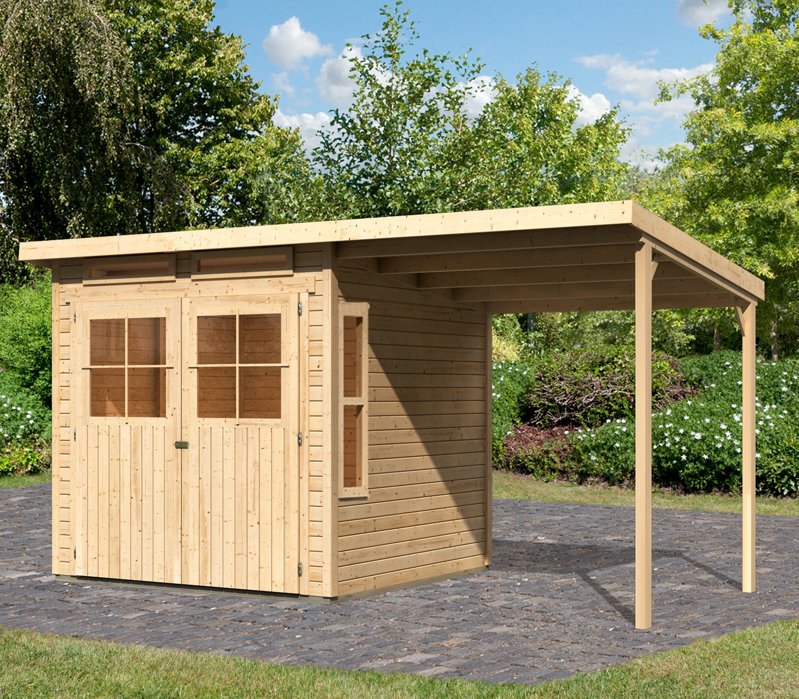 Gartenhaus KARIBU "Falkensee 3", beige (naturbelassen), ohne Fußboden, ohne Dacheindeckung, Holzwerkstoff, Gartenhäuser, Gartenhaus