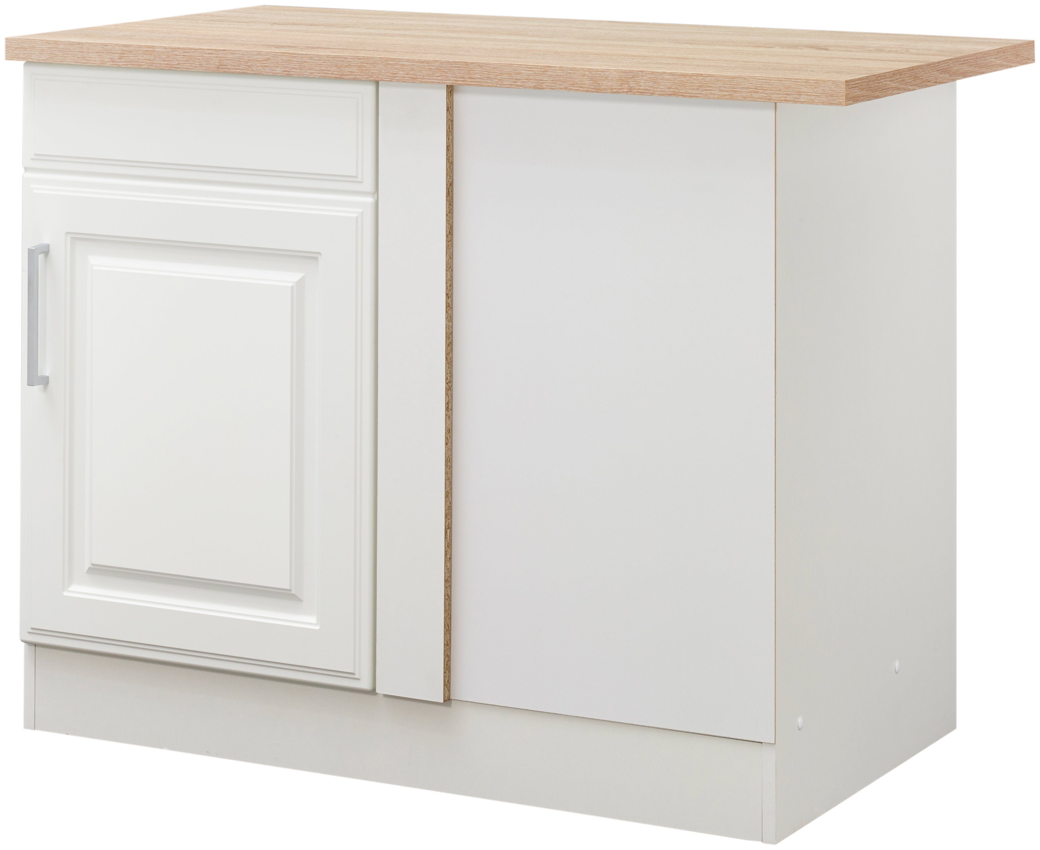 Eckunterschrank KOCHSTATION "KS-Stockholm", weiß (weiß, weiß), B:110cm H:85cm T:60cm, Holzwerkstoff, MDF, Schränke, Eckunterschrank, hochwertige MDF-Fronten