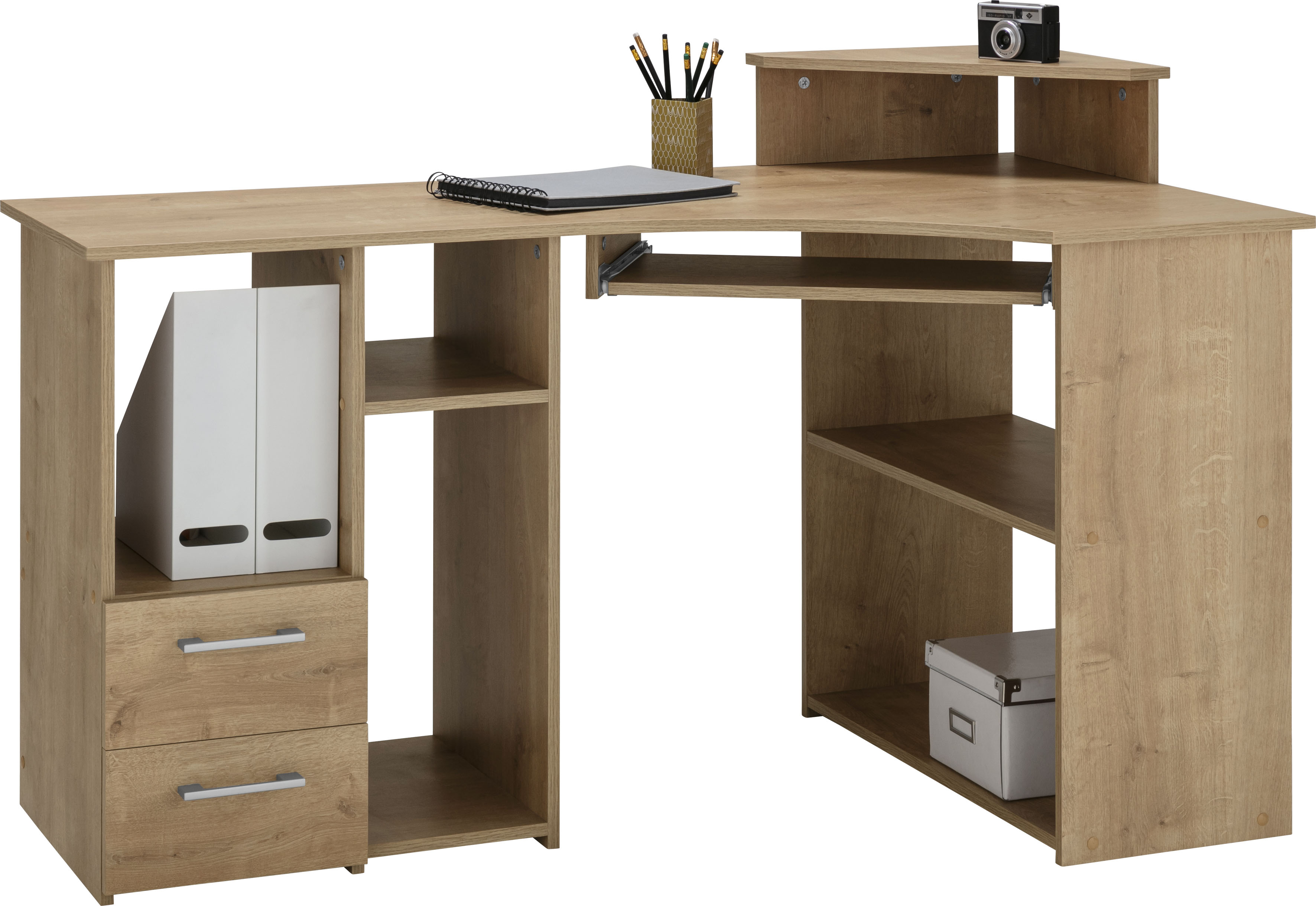 Schreibtisch VOGL MÖBELFABRIK "Sam", braun (wildeichefarben), B:137cm H:87cm T:73cm, Tische, Schreibtisch, Eckschreibtisch, Tastaturauszug, Monitoraufsatz & opt. Towerfach