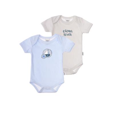 Body LILIPUT "Ocean Lover", Baby, Gr. 50/56, EURO-Größen, blau (hellblau, grau), 100% Baumwolle, bedruckt, gestreift, kurz, Rundhals, Kurzarm, Bodies, im 2er-Pack mit süßen Ozean-Motiven