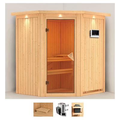 Sauna KARIBU "Tomke", beige (naturbelassen), Saunaofen, externe Steuerung, 3,6 kW, Saunen, 3,6-kW-Plug & Play Ofen mit externer Steuerung