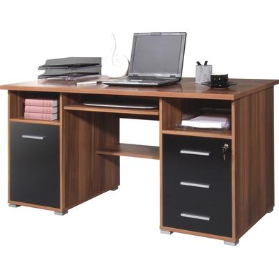 Computertisch GERMANIA "0484", braun (wallnusfarben, schwarz), B:140cm H:75cm T:70cm, Tische, Schreibtisch mit Tastaturauszug & abschließbarem Schubkasten, B.145 cm Image