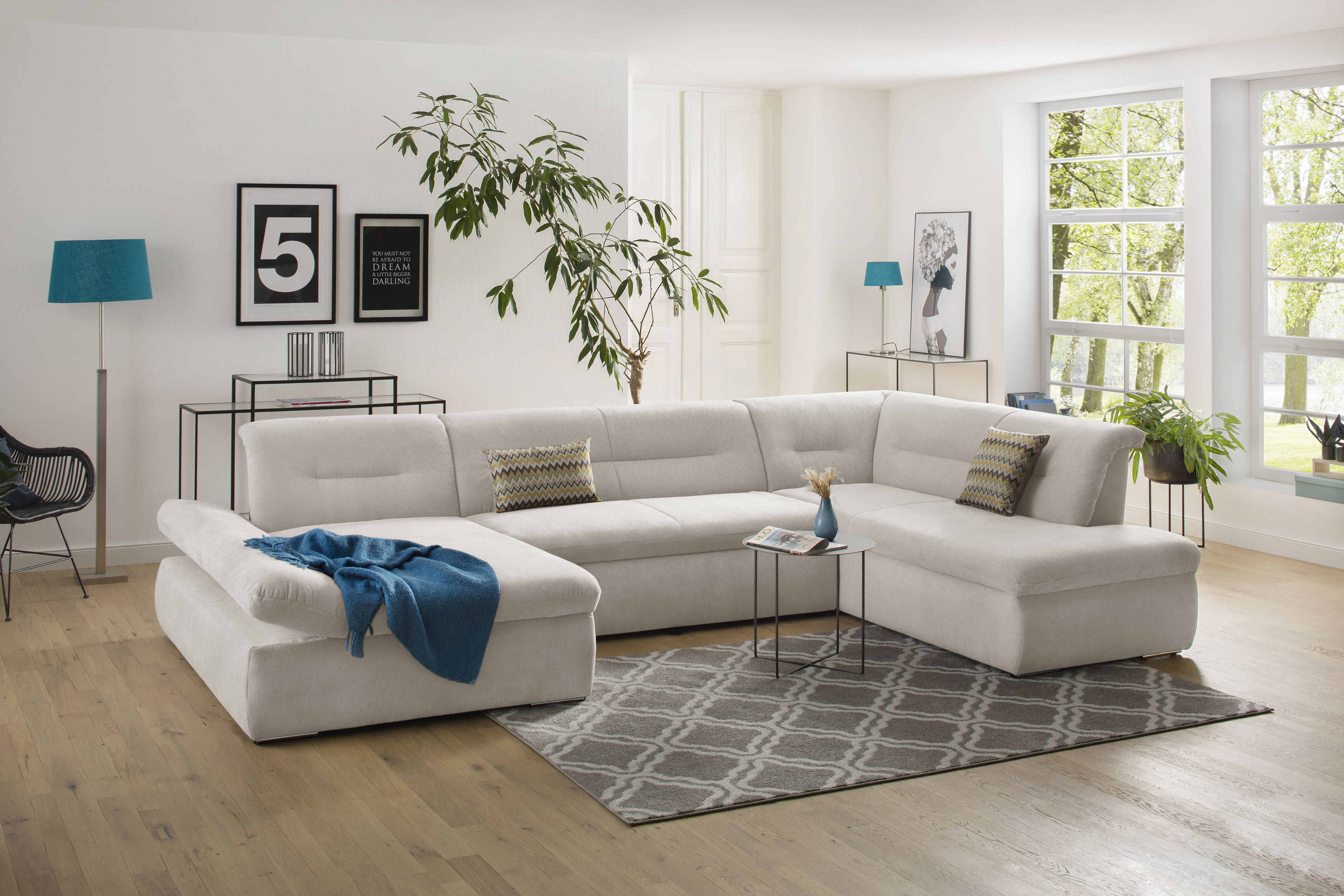 Wohnlandschaft HOME AFFAIRE "Avesa U-Form", beige (creme), B:355cm H:80cm T:216cm, 95% Polyester, 5% Polyacryl, Sofas, Wohnlandschaft, Wahlweise mit Armteilverstellung und Bettfunktion, B/T/H: 355/216/80cm