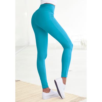 Leggings LASCANA, Damen, Gr. 32/34, N-Gr, blau (türkis), Single Jersey, Obermaterial: 95% Baumwolle, 5% Elasthan, unifarben, Basic, Basic lang, Hosen, mit breitem Bündchen Image