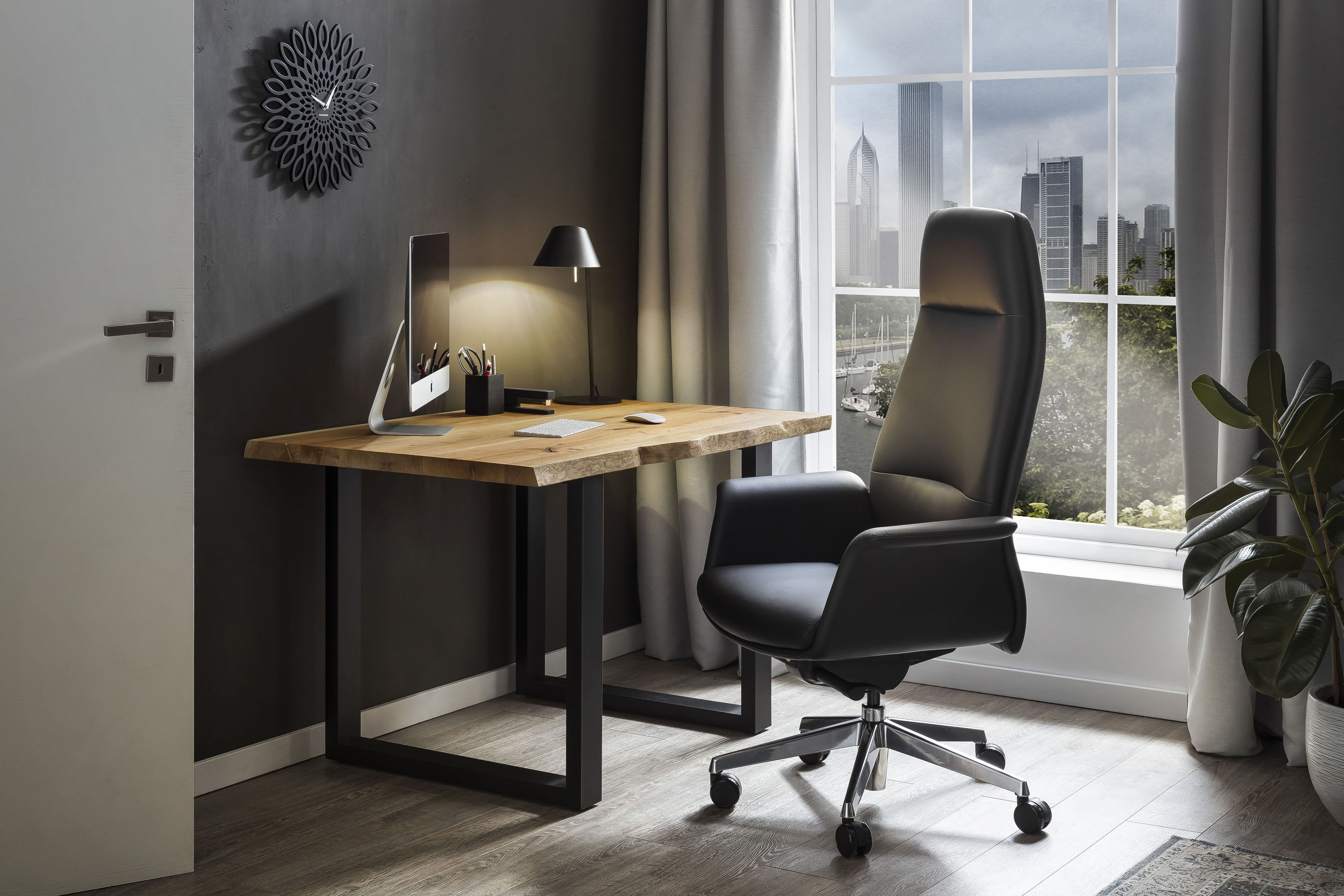 Schreibtisch SALESFEVER "Villach Arbeitsplatz", schwarz (natur, schwarz, schwarz, natur), B:140cm H:75cm T:80cm, Eiche Massivholz, Metall, Tische, echte Baumkante, Home office Laptoptisch