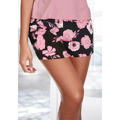 Shorts LASCANA, Damen, Gr. 40/42, N-Gr, schwarz (rosa, schwarz, geblümt, gemustert), Single Jersey, Obermaterial: 50% Baumwolle, 45% Viskose, 5% Elasthan, gemustert, geblümt, sexy, Basic kurz, Hosen, mit Spitzeneinsätzen Image