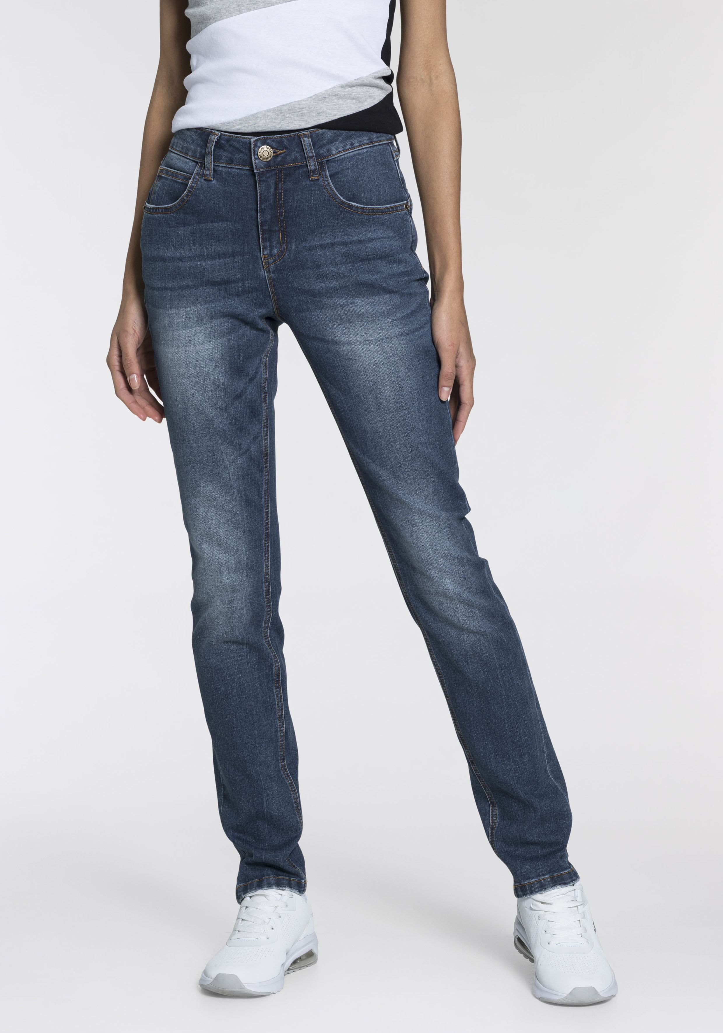 Relax-fit-Jeans KANGAROOS "RELAX-FIT HIGH WAIST", Damen, Gr. 32, N-Gr, blau (dunkelblau u), Denim/Jeans, Obermaterial: 67% Baumwolle, 32% Polyester (REPREVE), 1% Elasthan, Abriebeffekte, vintage, Basic, relaxed fit knöchelfrei, Jeans, knöchelfreie...