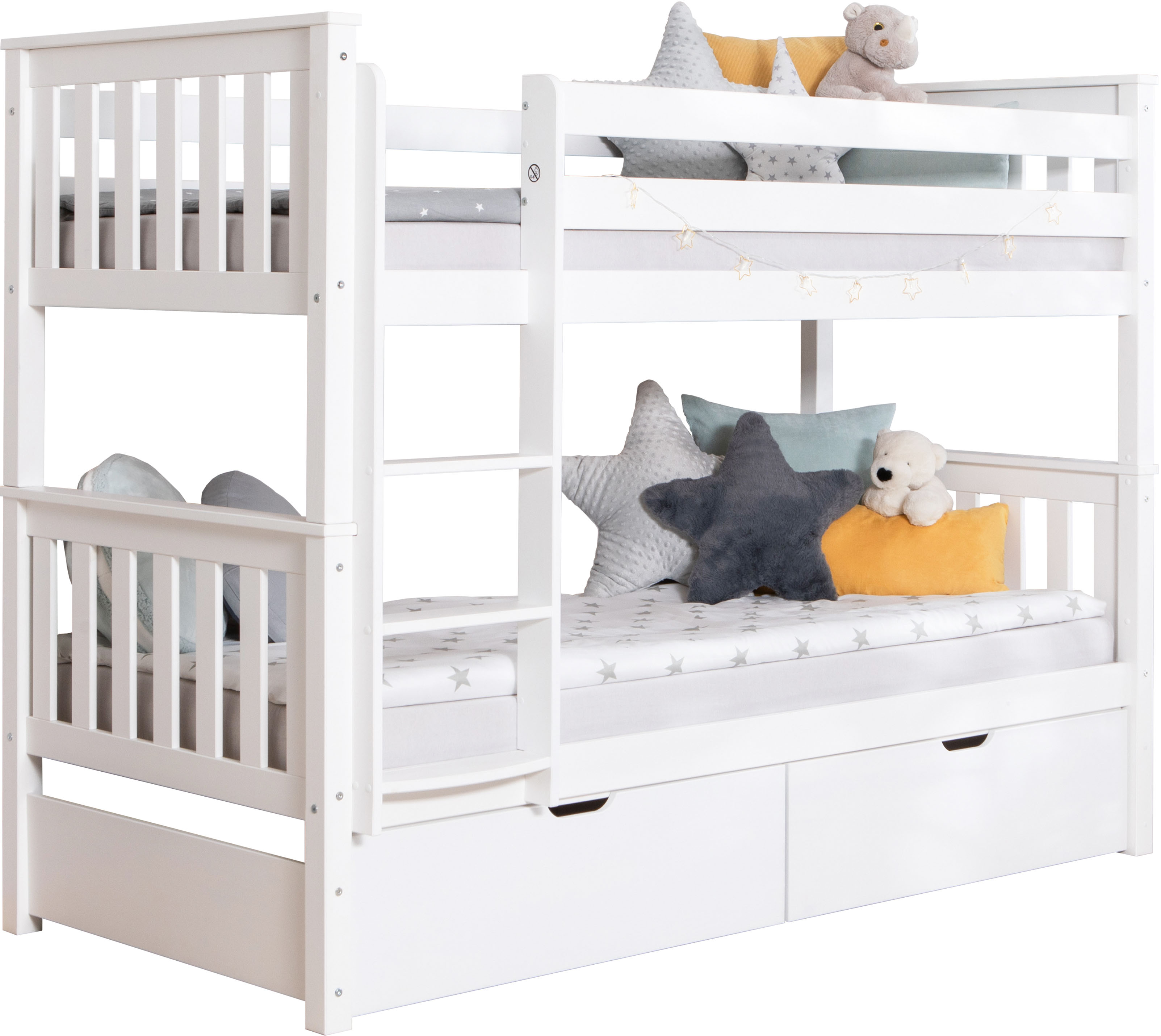 Etagenbett TICAA "Sammy", weiß (kiefer massiv weiß), B:103,5cm H:160cm L:213cm, Etagenbetten, Etagenbett, mit Rollrost und Schubkästen »Melanie«, Kiefer