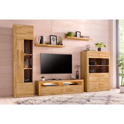 Wohnwand HOME AFFAIRE "Ribe,Set-5 St.,Oberplatten massiv,viel Stauraum", beige (kernbuche teilmassiv), Holzwerkstoff Kernbuchefarben (Korpus)/ Massivholz Kernbuche (Front), Holz teilmassiv, Kastenmöbel-Sets, Glaseinsatz aus gehärtetem Glas,Böden... Image