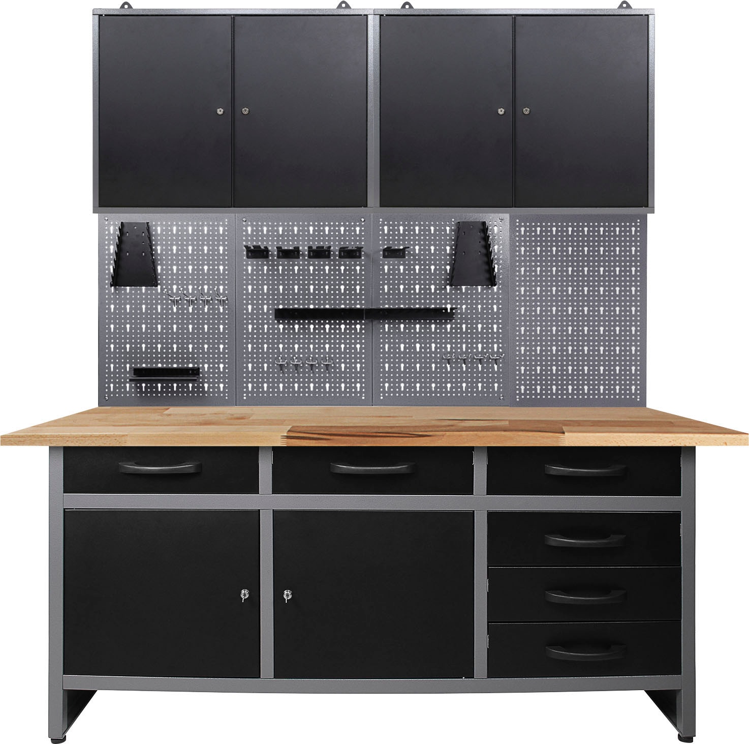 Werkstatt-Set ONDIS24, schwarz (anthrazit, schwarz, grau), B:160cm H:205cm T:60cm, Metall, Werkbänke, 160 cm