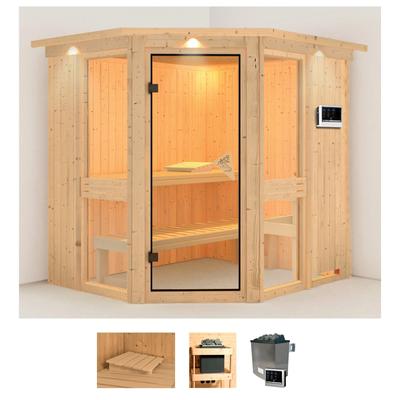 Sauna KARIBU "Aline 1", beige (naturbelassen), Saunaofen, externe Steuerung, 9 kW, Saunen, 9-kW-Ofen mit externer Steuerung