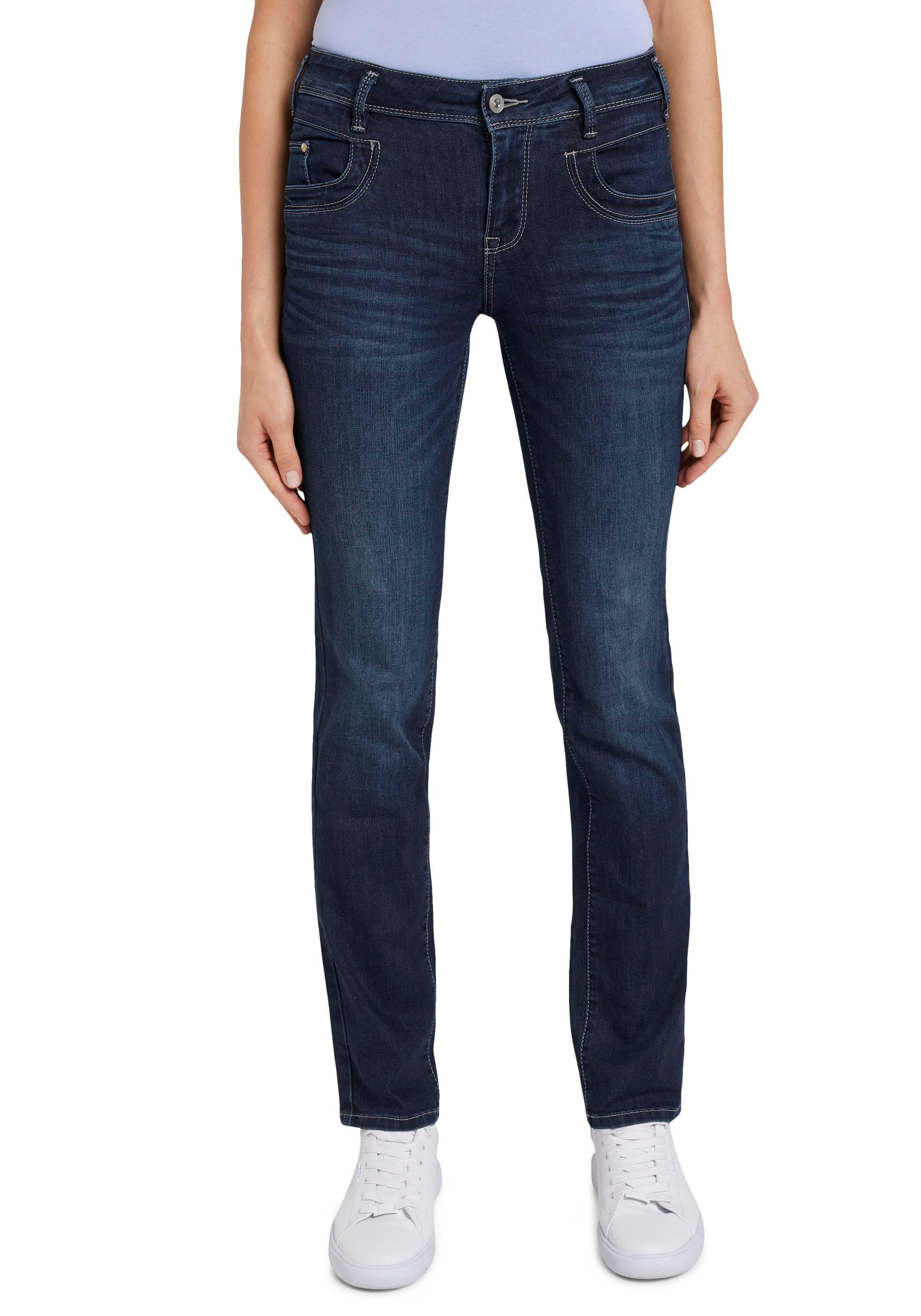 Gerade Jeans TOM TAILOR "Alexa Straight", Damen, Gr. 28, Länge 30, blau (schwarz stone washed), Denim/Jeans, Obermaterial: 69% Baumwolle, 20% Polyester, 9% Viskose, 2% Elasthan, bequem lang, Jeans, mit Kontrastnähten, Topseller