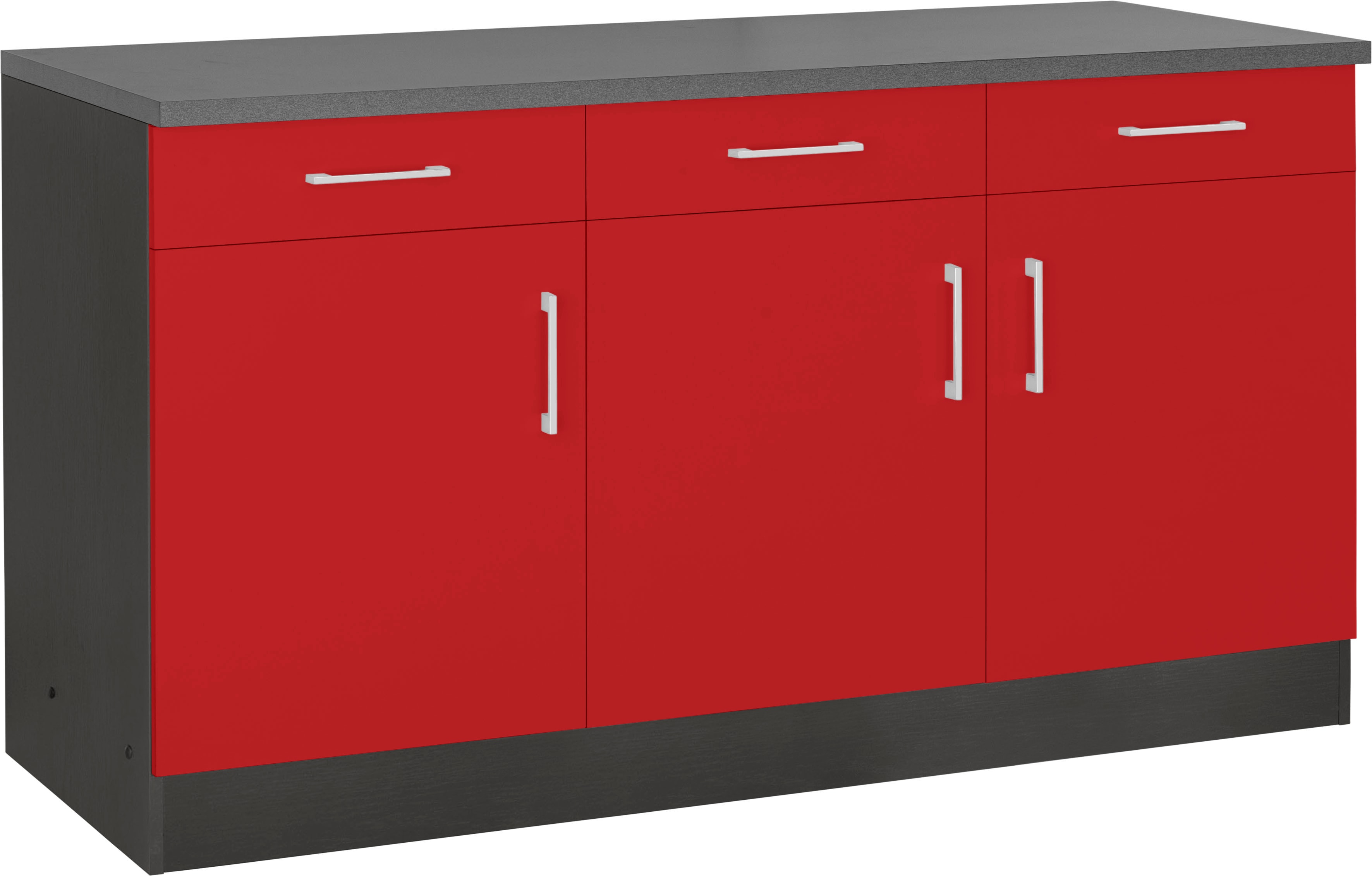Unterschrank KOCHSTATION "KS-Paris", rot, B:150cm H:85cm T:60cm, Schränke, Unterschrank, mit 3 Schubkästen und 3 Türen, für viel Stauraum