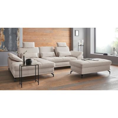Ecksofa PLACES OF STYLE "Costello L-Form, mit Sitztiefenverstellung, Armteilverstellung und", beige (natur), B:301cm H:89cm T:176cm, 100% Polyester, Samtoptik (100% Polyester), Sofas, 3 Nierenkissen, optional Bettfunktion und Bettkasten, Topseller Image