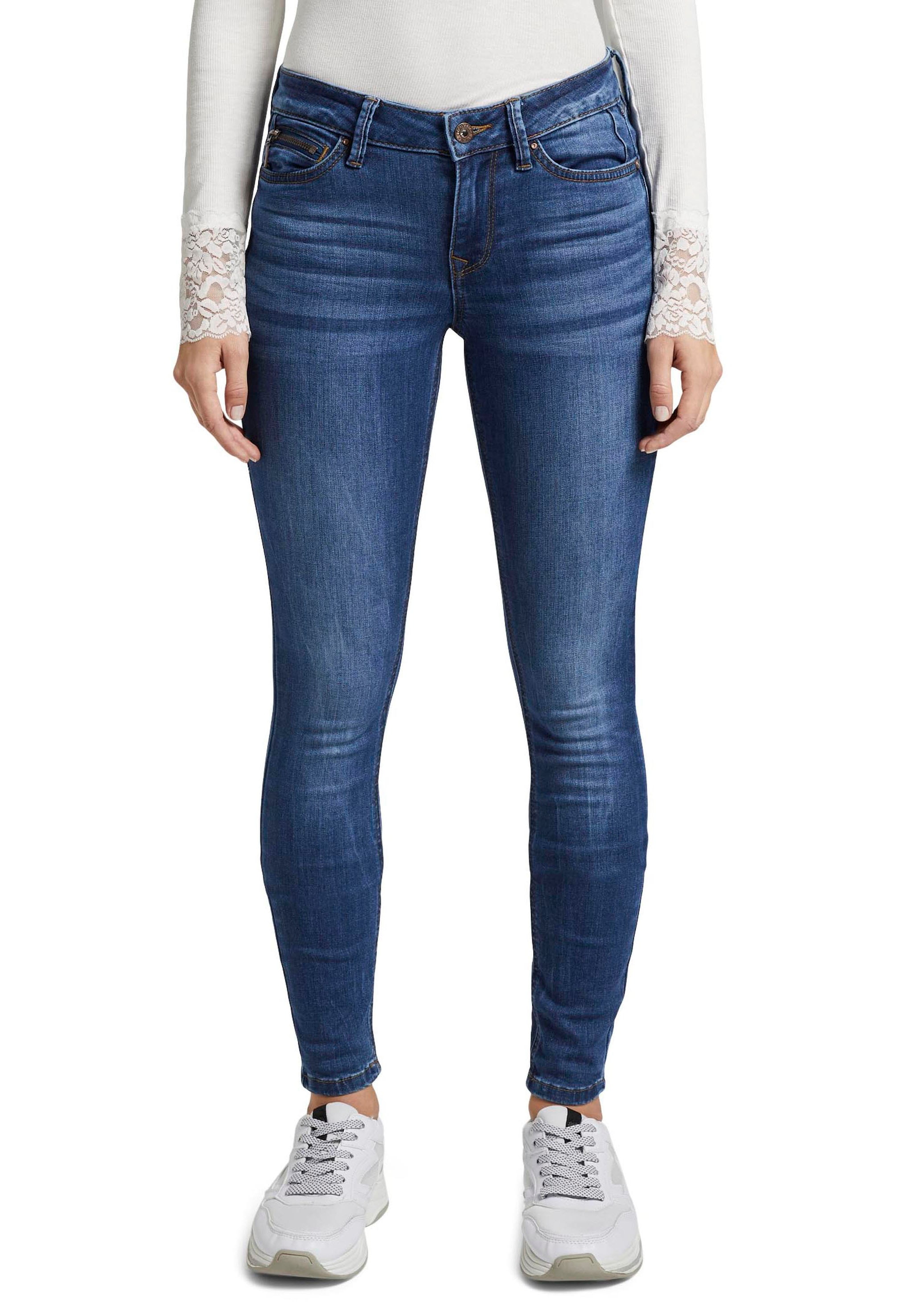 Skinny-fit-Jeans TOM TAILOR DENIM "JONA", Damen, Gr. 29, Länge 32, blau (clean mid stone blau denim), Denim/Jeans, Obermaterial: 72% Baumwolle, 27% Polyester, 1% Elasthan, skinny fit lang, Jeans