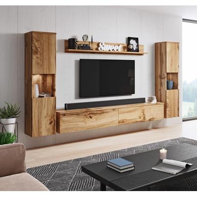 Wohnwand INOSIGN "PARIS, Vitrine Türanschlag links/rechts wechselbar", braun (eichefarbe votan, eichefarbe votaneichefarbe votan, weiß hochglanz), B:260cm H:130cm T:33cm, Hartfaserplatte, Kastenmöbel-Sets, grifflose Design, stehend und hängend... Image
