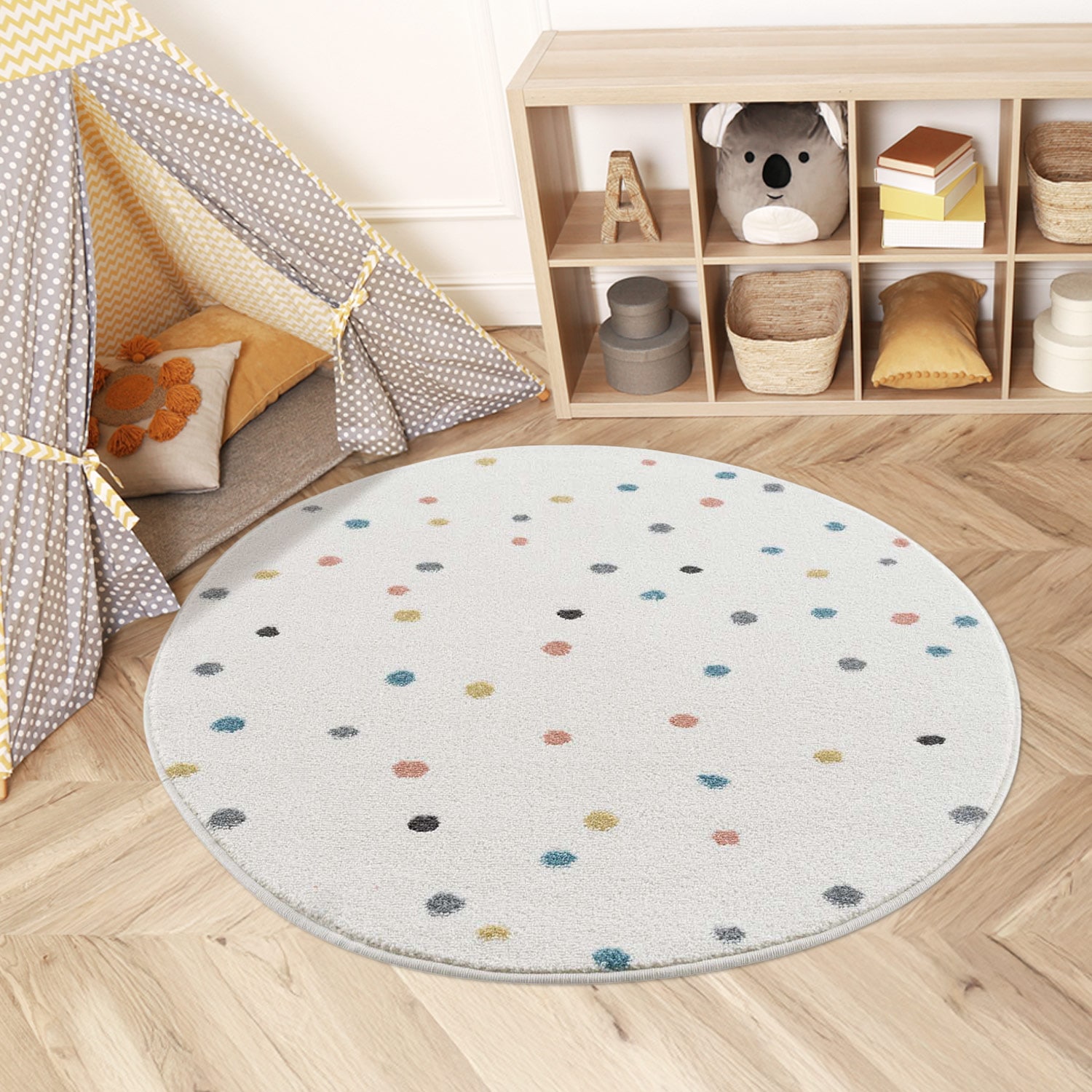 Kinderteppich CARPET CITY "Anime9396", beige (creme), H:11mm Ø:160cm, Polypropylen (PP), Teppiche, Spielteppich, Spielteppich, Bunte Punkte, Weicher Flor, Pflegeleicht, Kinderzimmer