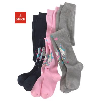 Strickstrumpfhose H.I.S, Kinder, Gr. 104/110, bunt (marine, rosa, grau, melange), Obermaterial: 69% Baumwolle, 28% Polyamid, 3% Elasthan, mehrfarbig, elastisch, Strumpfhosen Strumpfhose, mit eingestrickten Einhorn Motiven