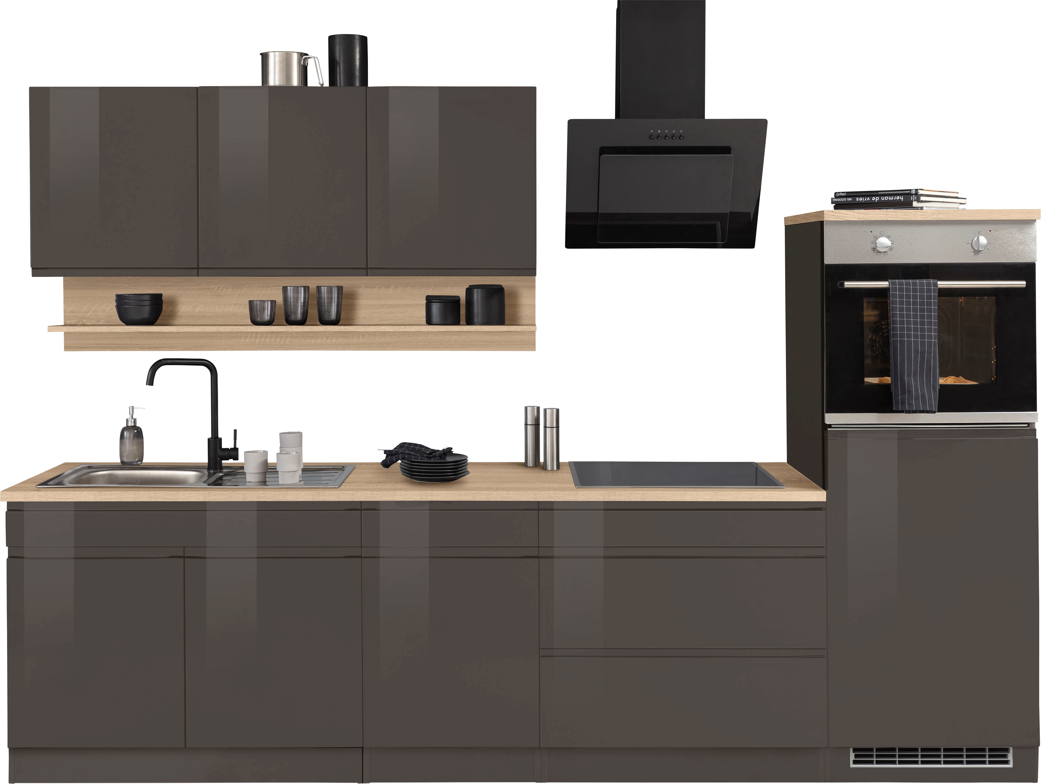 Küchenzeile KOCHSTATION "KS-Virginia", grau (küche: grau, front: grau hochglanz, korpus: graphit, arbeitsplatte: eiche sonoma), B:290cm H:200cm T:60cm, Komplettküchen-Sets, Küchenzeile, Breite 290, ohne E-Geräte
