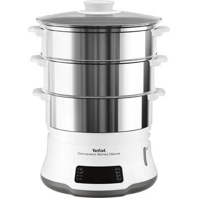 TEFAL Dampfgarer "Convenient Series Deluxe", bunt (weiß, silberfarben), B:32,8cm H:32,1cm T:32,8cm, Dampfgarer, Touchscreen, 8 Programme,3 Ebenen, Edelstahlbehälter, VC502D