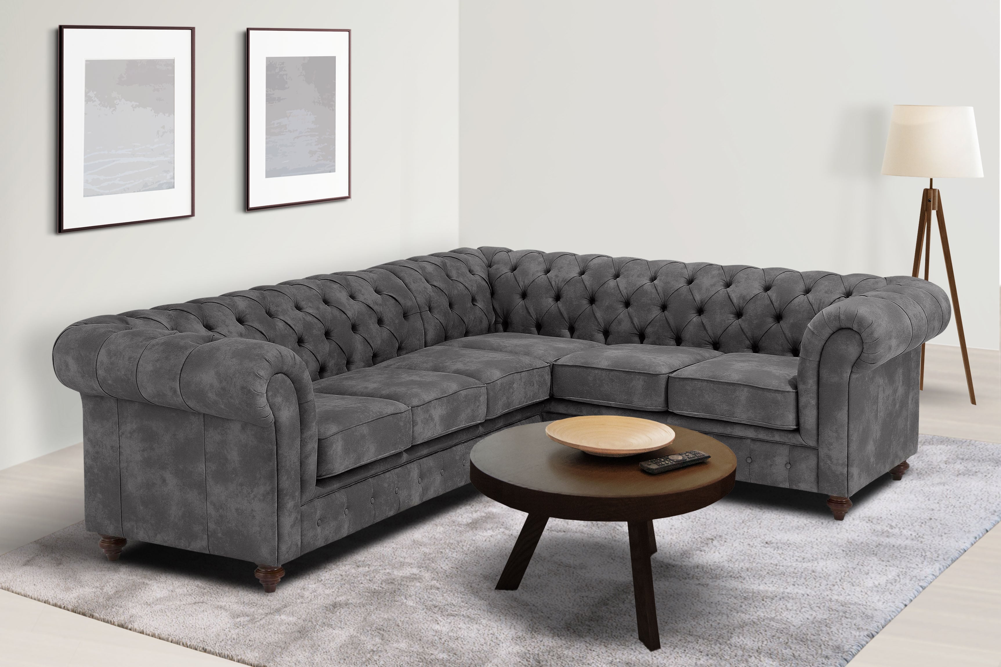Chesterfield-Sofa HOME AFFAIRE "Chesterfield Ecksofa, auch in Leder L-Form", grau (anthrazit), B:250cm H:74cm T:210cm, Luxus-Microfaser (94% Polyester, 5% Nylon, 1% Spandex);Microfaser Antiklederoptik (100% Polyester);NaturLEDER (echtes...