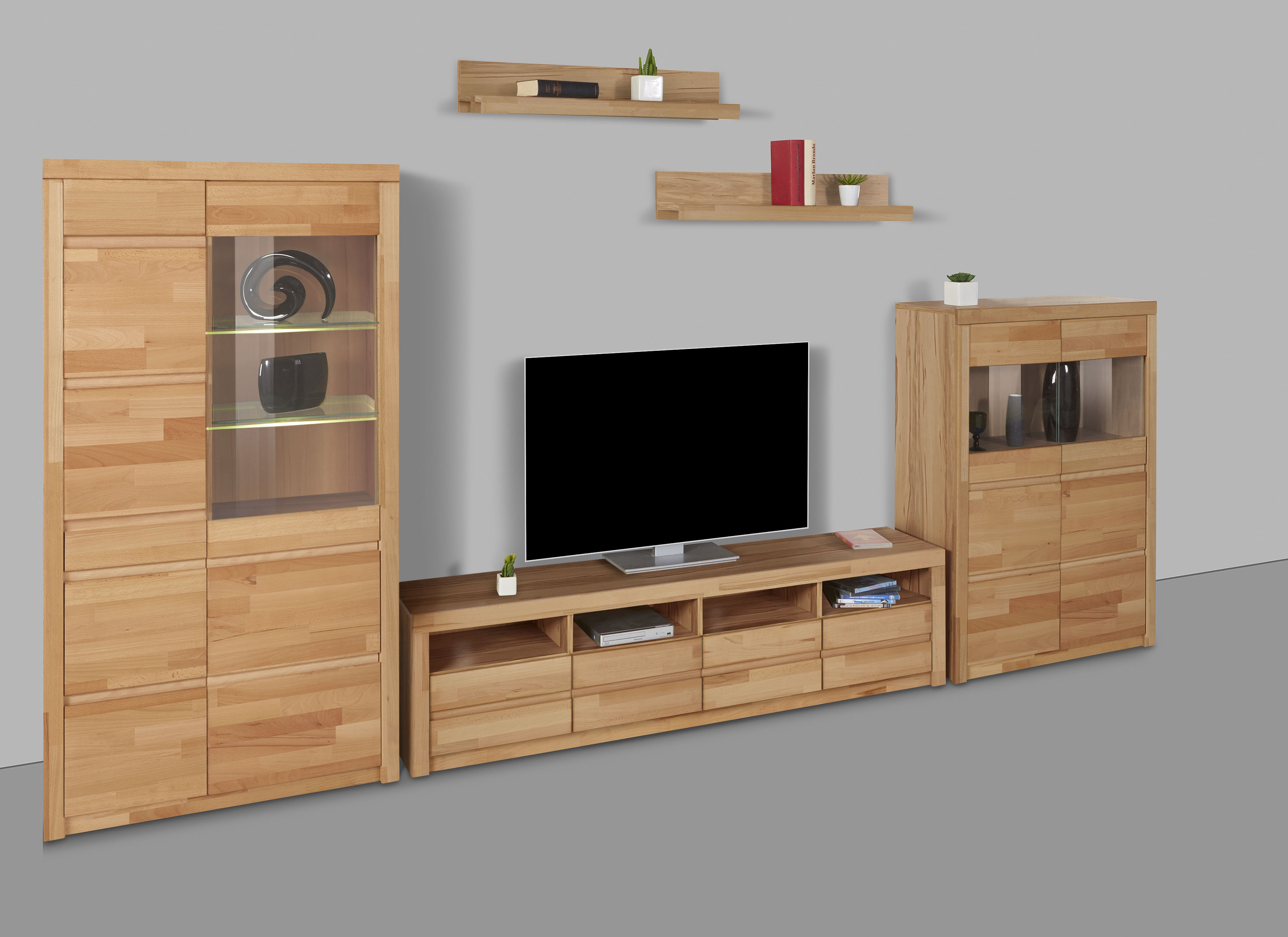 Wohnwand HOME AFFAIRE "Silkeborg", beige (kernbuche teilmassiv), Holzwerkstoff Kernbuchefarben (Korpus)/ Massivholz Kernbuche (Front), Holz teilmassiv, Kastenmöbel-Sets, teilmassiv mit schöner, griffloser Optik