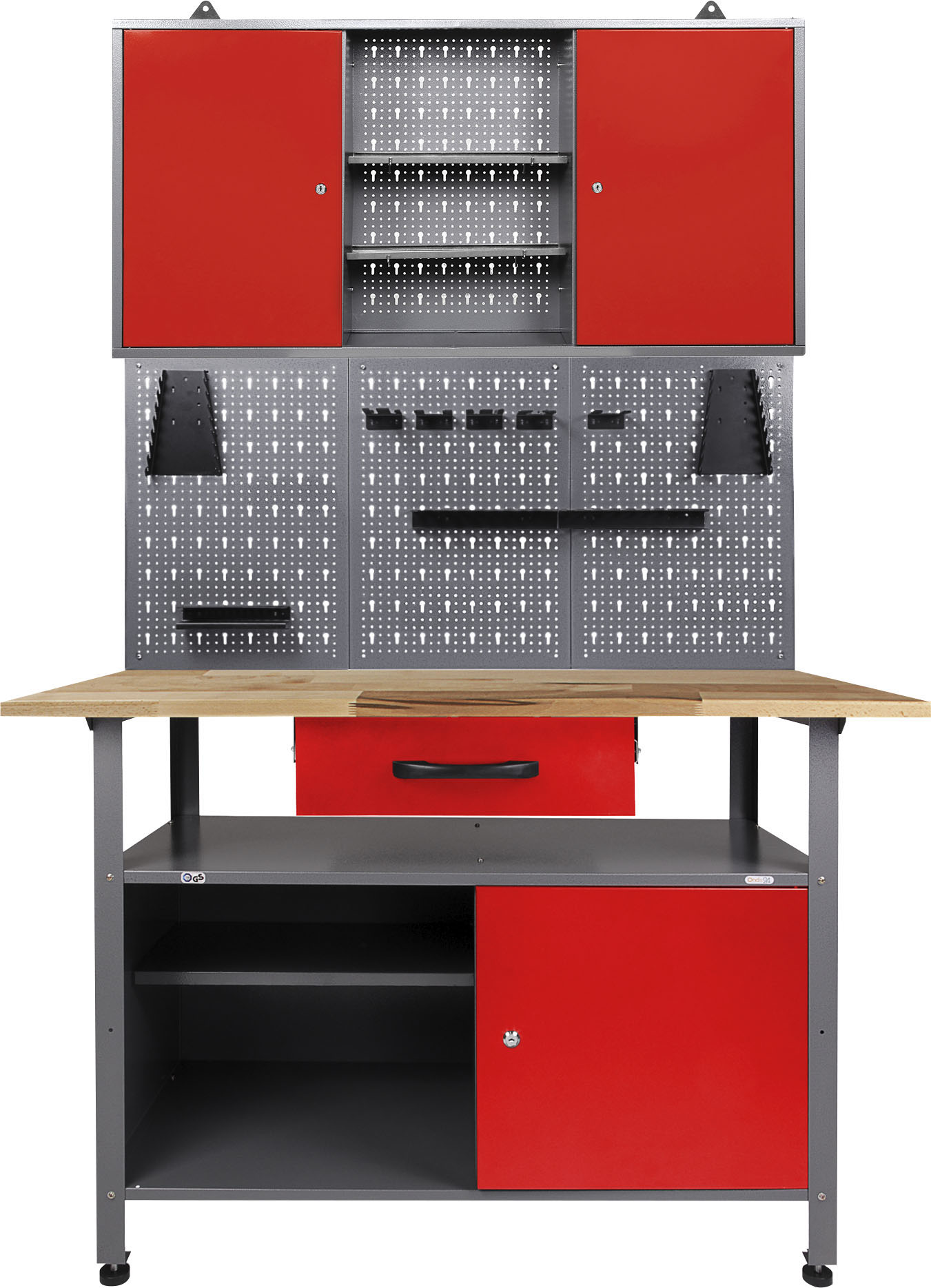 Werkstatt-Set ONDIS24, rot, B:120cm H:205cm T:60cm, Metall, Werkbänke, inkl. Werkbank, Werkzeugschrank, Lochwand & 22-tlg. Hakenset