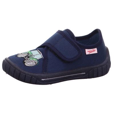 Hausschuh SUPERFIT "Bill WMS: Mittel", Kinder, Gr. 28, blau (dunkelblau, traktor), Textil, bestickt, casual, Schuhe, Kindergarten Schuh im Jeans-Look, Größenschablone zum Download Image