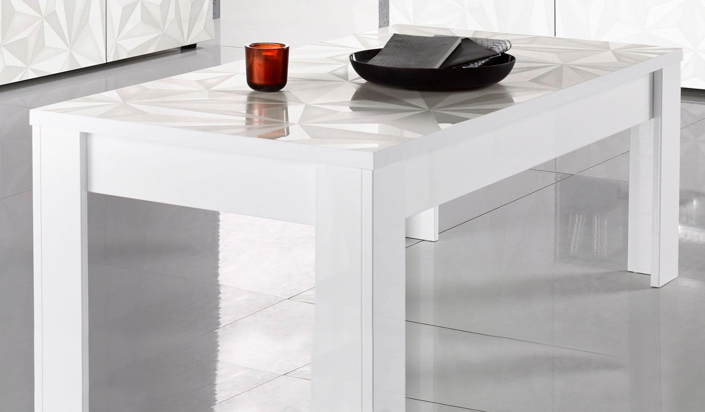 Couchtisch INOSIGN "Prima 122x65 cm, Wohnzimmertisch mit Winkelfuß", weiß (weiß hochglanz lack, weiß mit siebdruck hochglanz lack), Tische, Couchtisch Eckige Couchtische, Sofatisch, rechteckig, Tischplattenstärke 22 mm