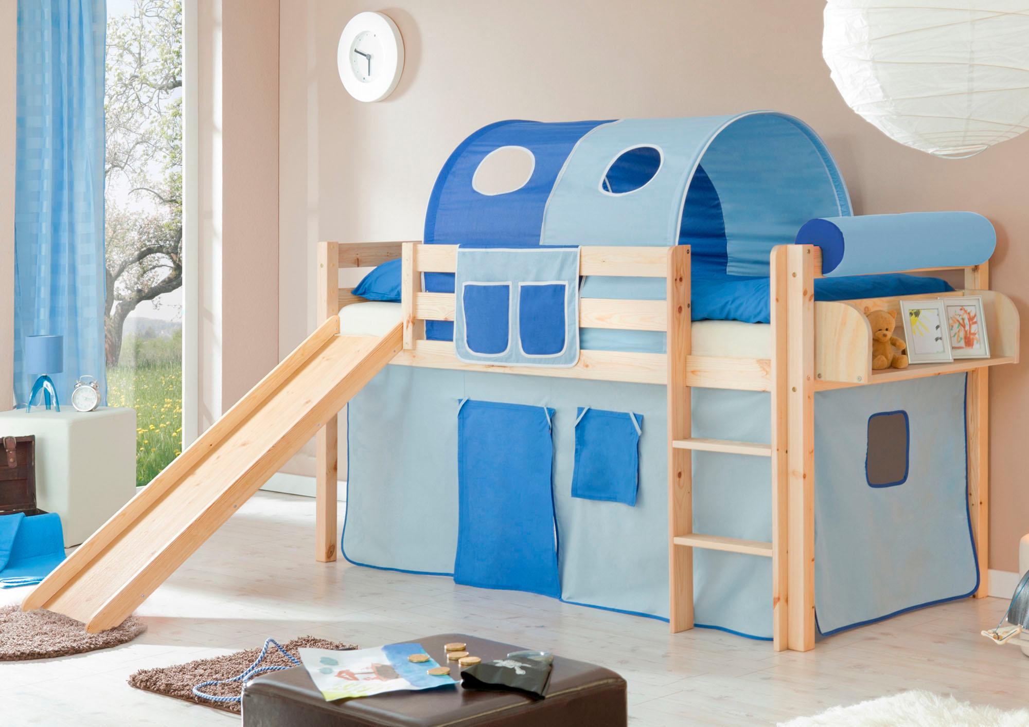 Hochbett TICAA "Manuel", blau (kiefer massiv natur, hellblau, dunkelblau), B:217cm H:114cm L:205cm, Hochbetten, Hochbett, Rollrost und Textil-Set wahlweise mit Matratze, Kiefer massiv natur