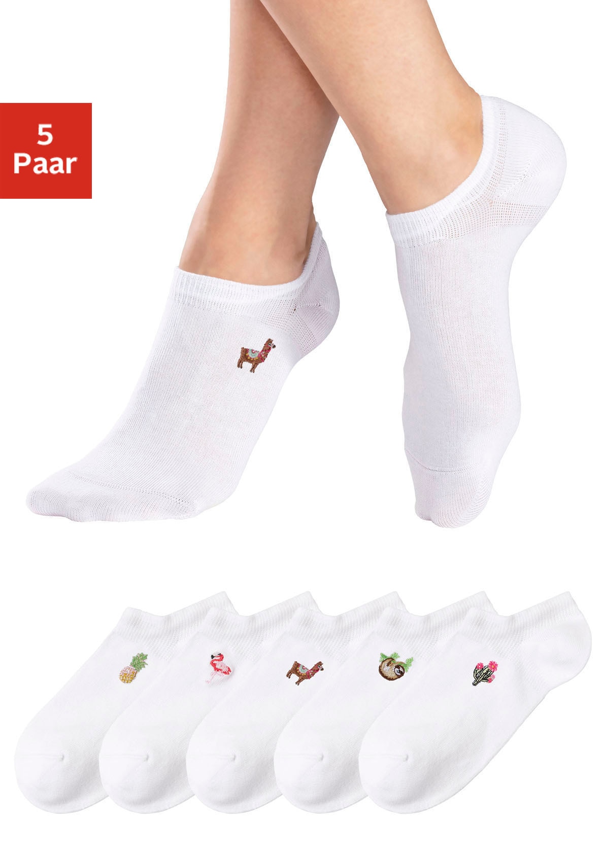 Sneakersocken H.I.S, Damen, Gr. 35-38, weiß (5x weiß), Baumwollmischung, mit Stickerei, unifarben, elastisch, Socken, mit Motivstickerei