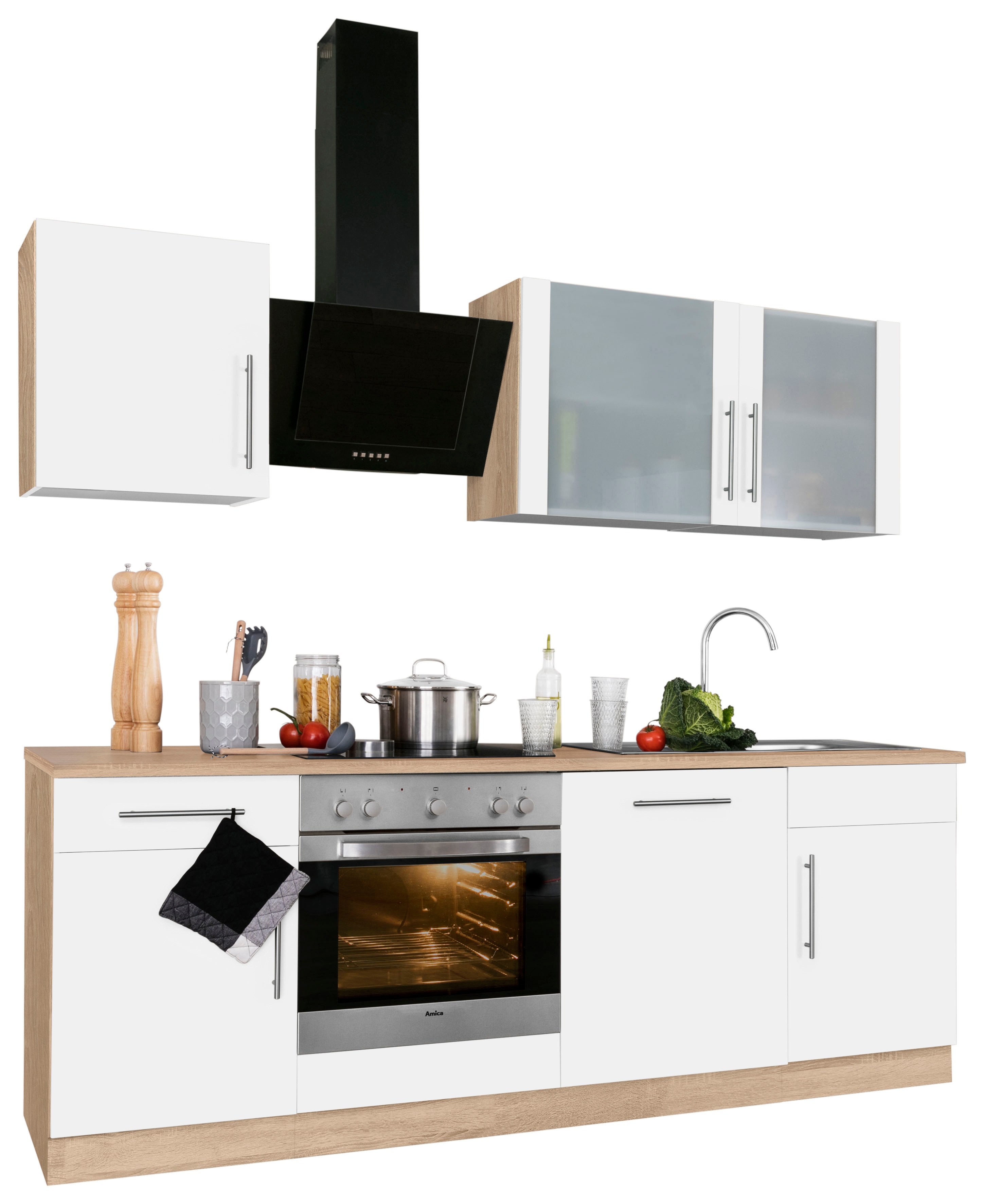 Küchenzeile WIHO KÜCHEN "Cali", weiß (küche: braun, korpus: sonoma eiche nachbildung, arbeitsplatte: sonoma eiche nachbildung), B/H/T: 220cm x 60cm, Komplettküchen-Sets, Küchenzeile, ohne E-Geräte, Breite 220 cm