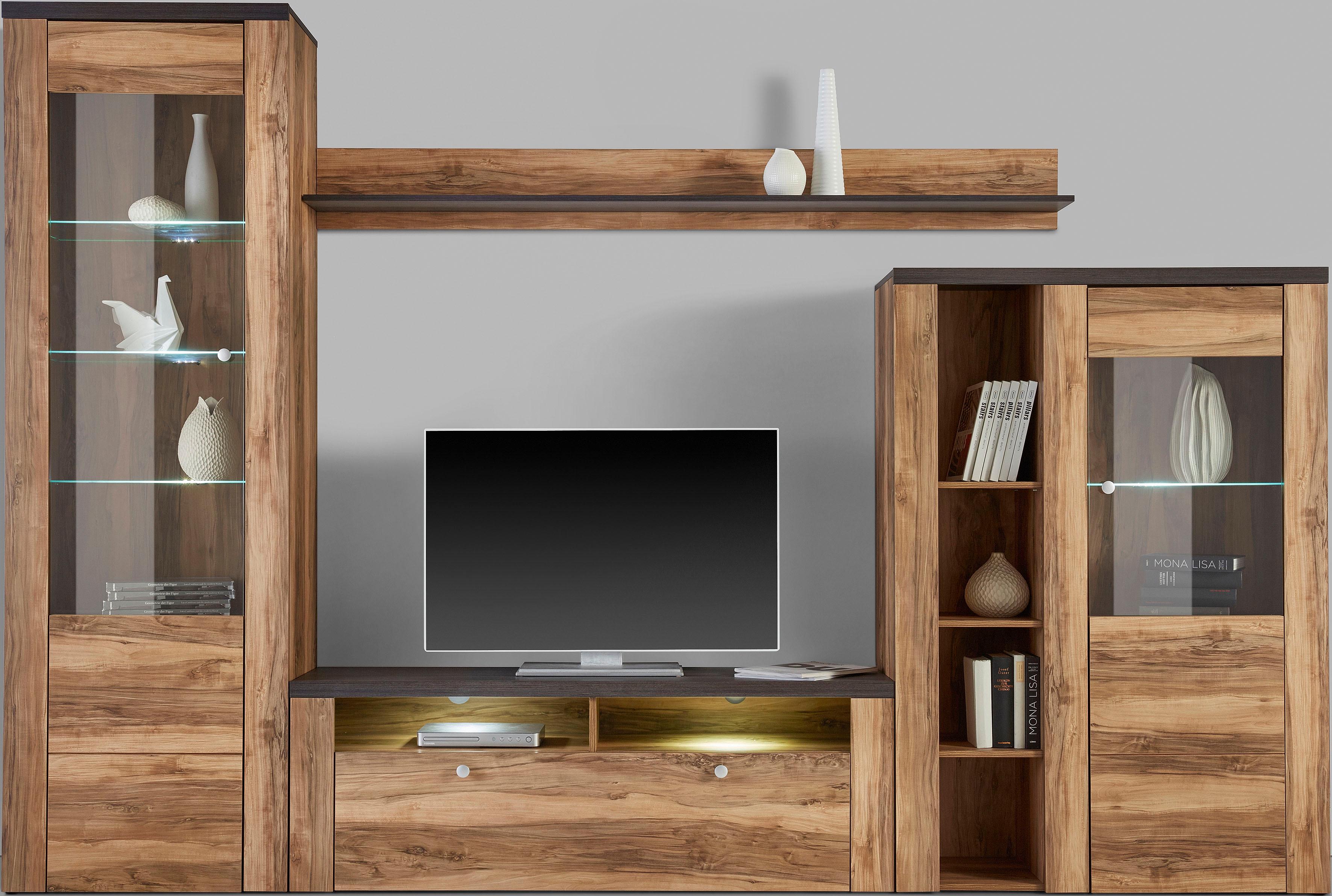 Wohnwand HOME AFFAIRE "Larona, Anbauwand, Set 4 Teilig", braun (satin nussbaumfarben, schwarzwood), B:305cm, Kastenmöbel-Sets, Wohnwand, bestehend aus 1 TV-Board, 1 Highboard, 1 Vitrine, 1 Wandregal, Topseller