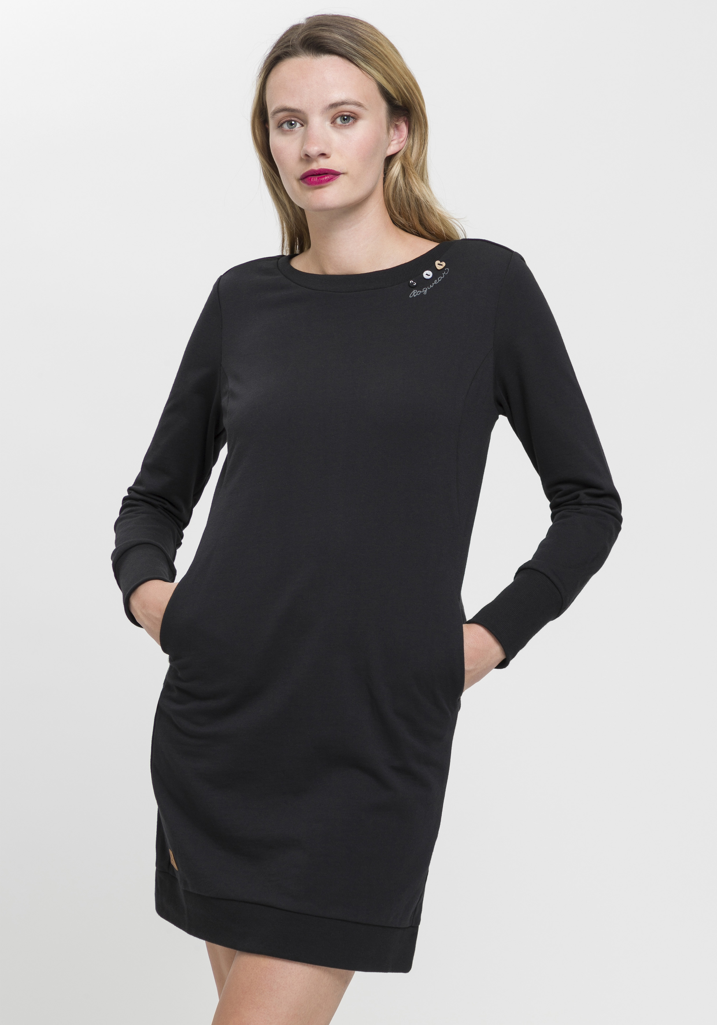 Sweatkleid RAGWEAR "MENITA O", Damen, Gr. S (36), N-Gr, schwarz (schwarz 1010), Sweatware, Obermaterial: 50% Baumwolle, 50% Polyester, kontrastfarbene Details, unifarben, figurbetont, Rundhals, Kleider, mit veganer 3 Knopf-Applikation Image