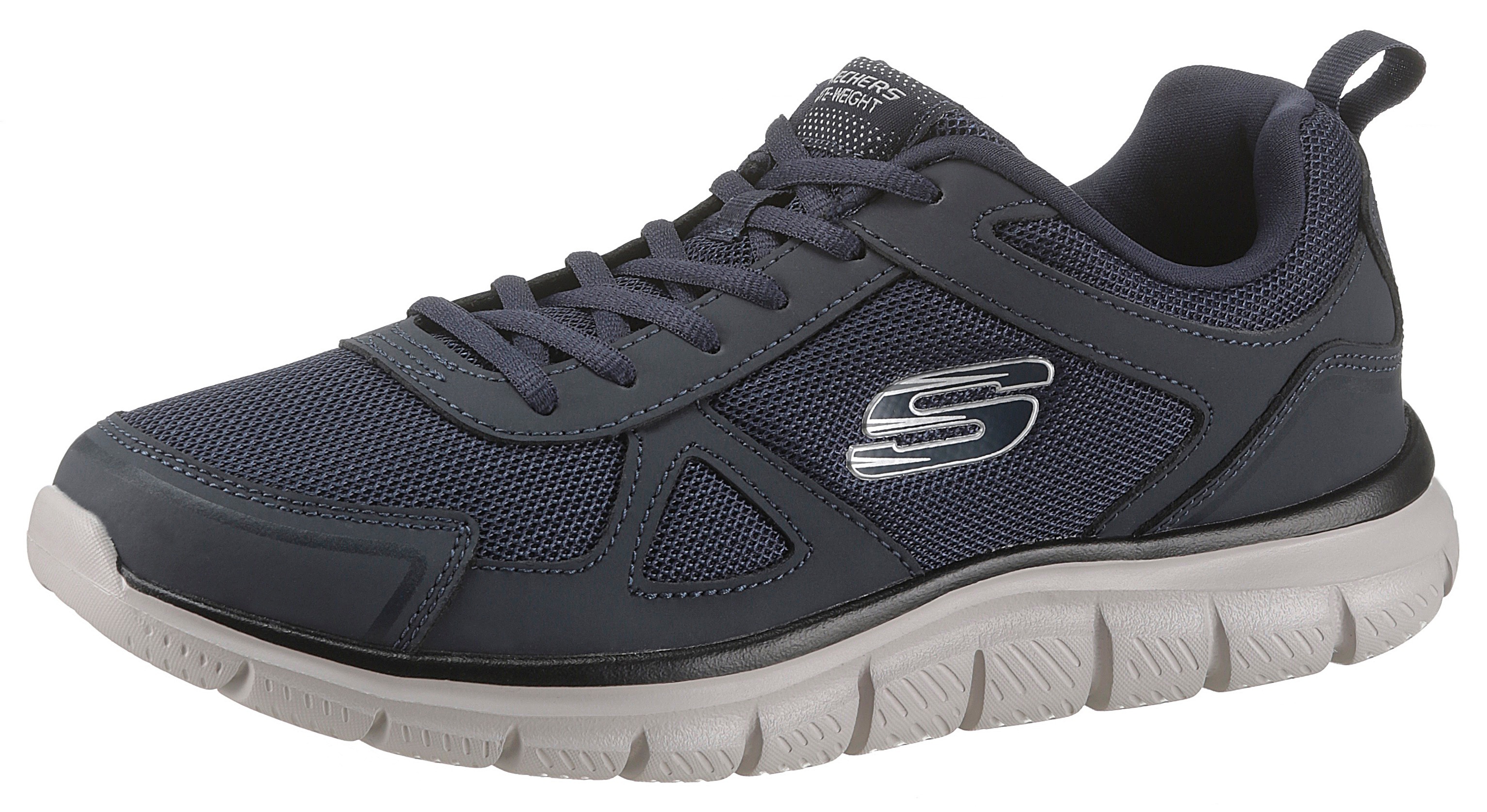 Sneaker SKECHERS "Track-Scloric", Damen, Gr. 47,5, blau (navy), Leder, Textil, Schuhe Sneaker, Freizeitschuh, Halbschuh, Schnürschuh mit Skechers Memory Foam