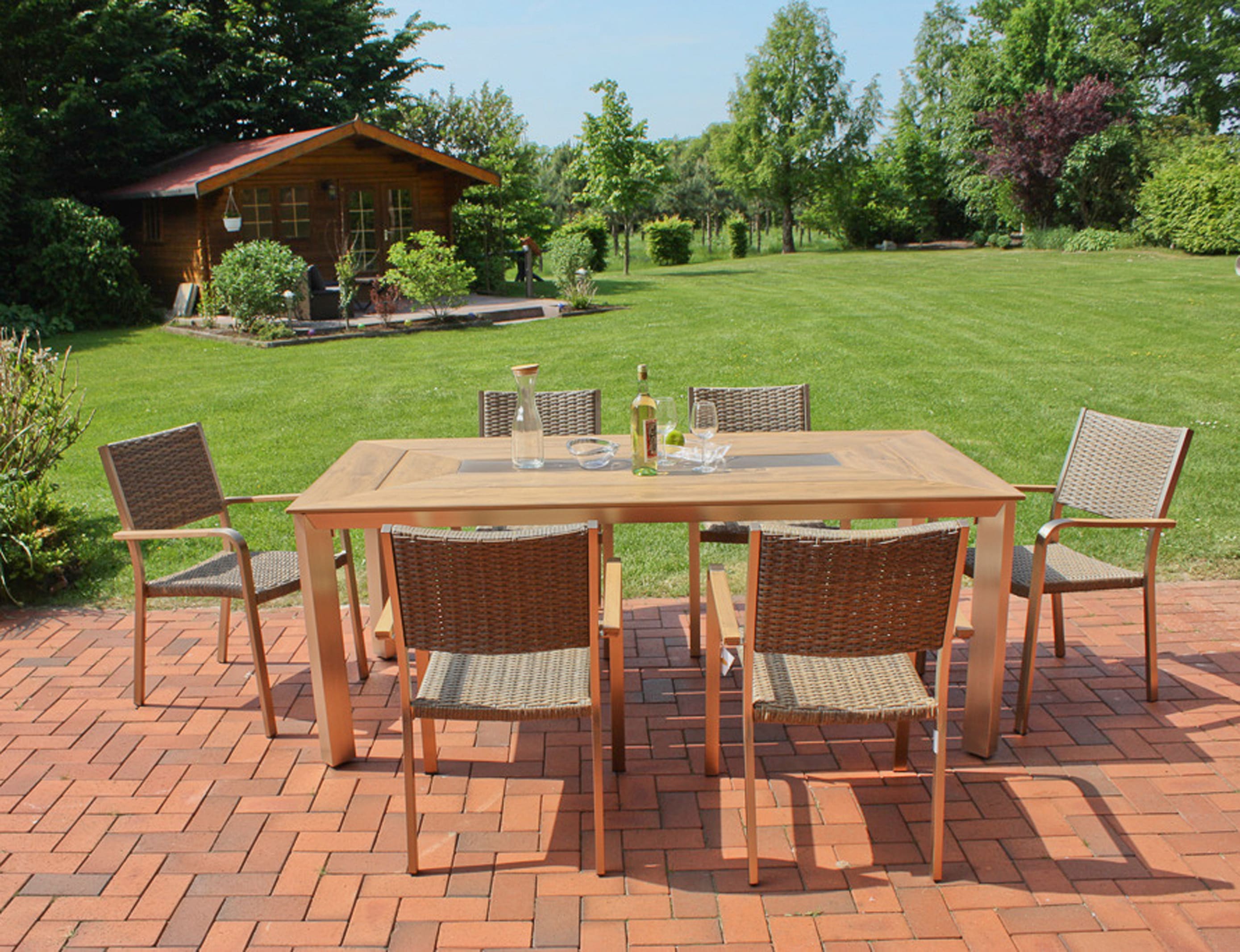 Garten-Essgruppe GARDEN PLEASURE "FLORENCE", braun (champagner, braun, braun, champagner), B:300cm H:85cm T:392cm, Aluminium, Kunststoff, Polyrattan, Sitzmöbel-Sets, mit platzsparenden Stapelstühlen