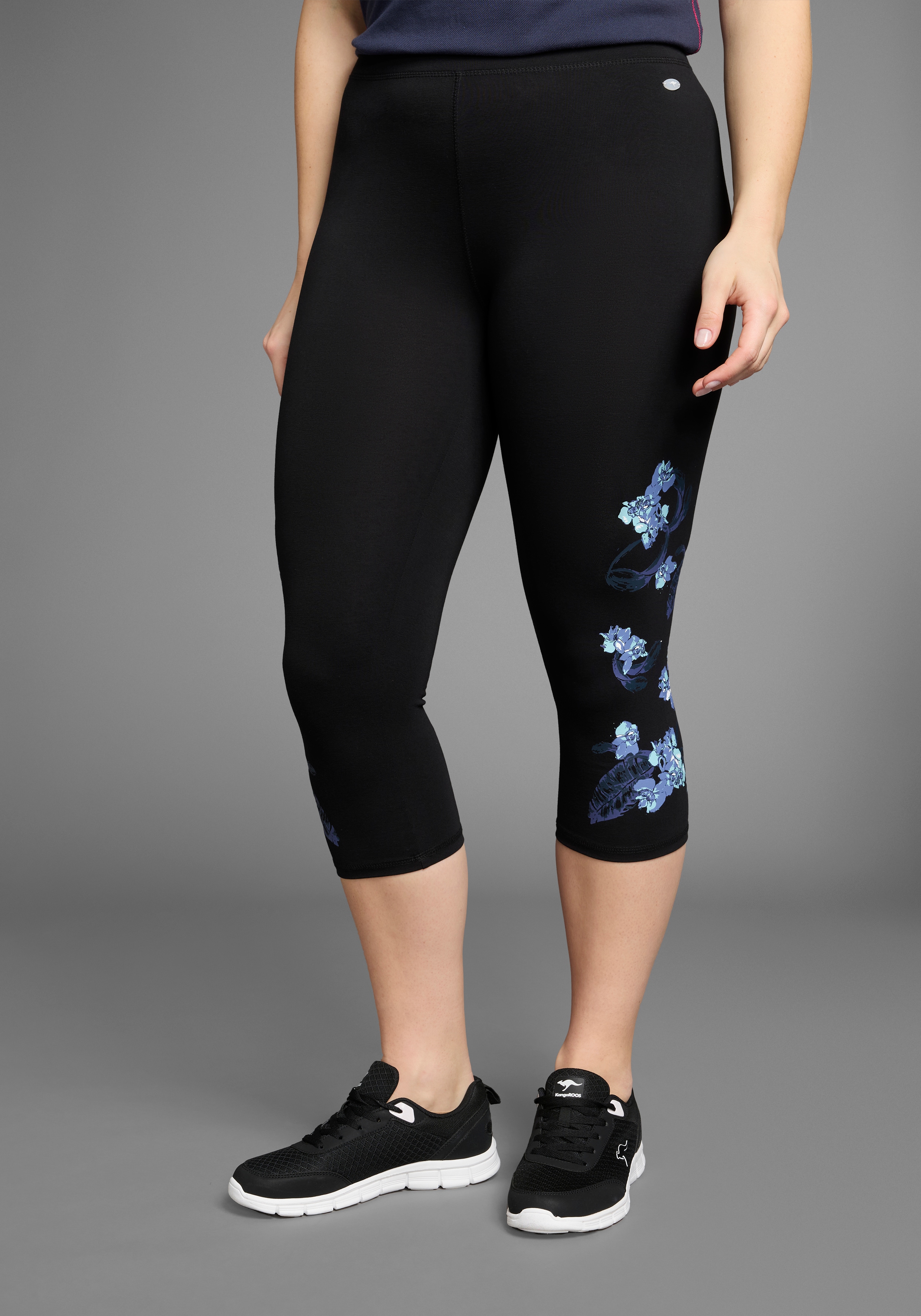 Leggings KANGAROOS, Damen, Gr. 46, N-Gr, schwarz (schwarz, bedruckt), Obermaterial: 95% Baumwolle, 5% Elasthan, schmal 3/4-Länge, Hosen Leggings, Große Größen