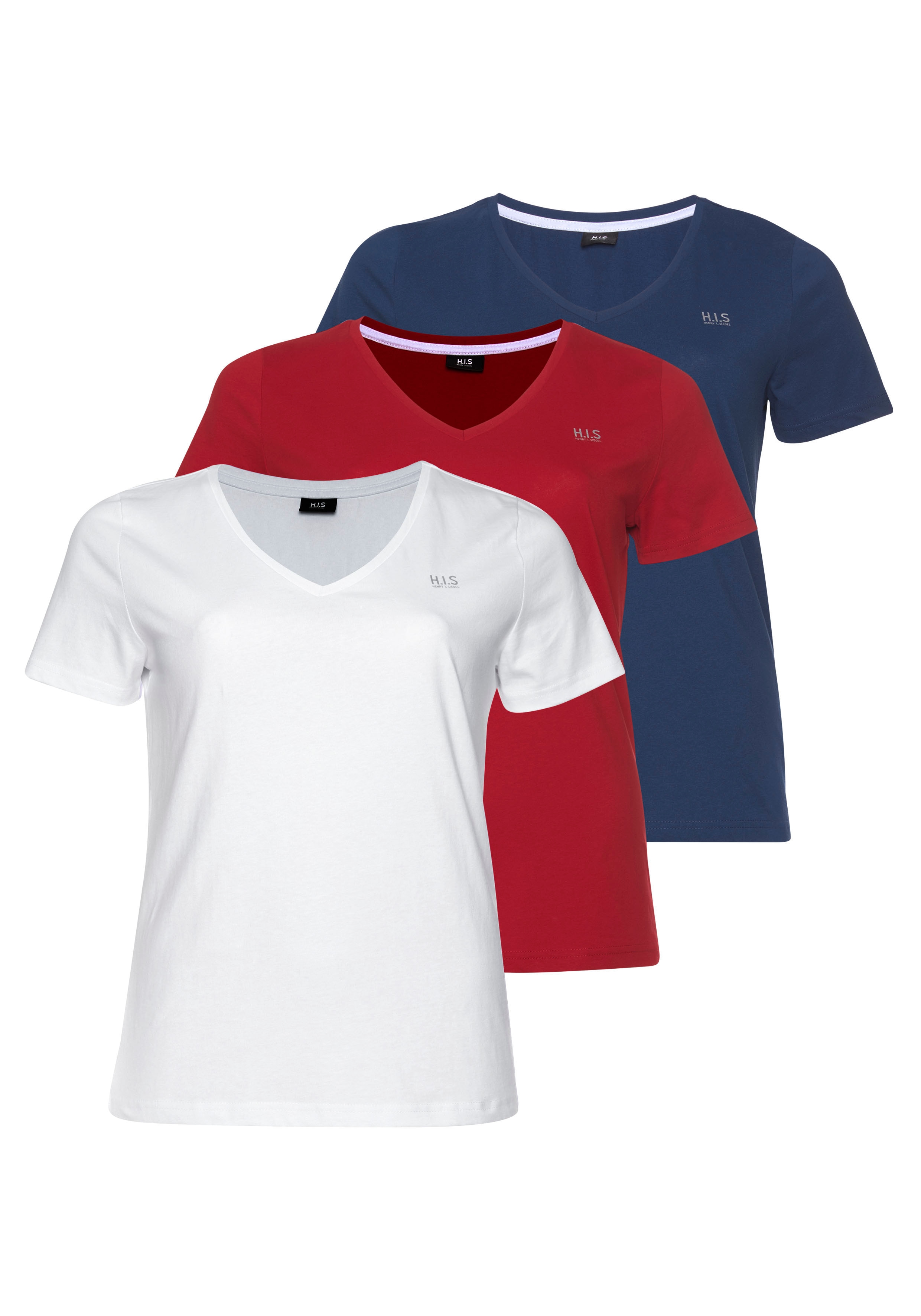 T-Shirt H.I.S "Essential-Basics", Damen, Gr. 52/54, bunt (marine, weiß, rot), Single Jersey, Obermaterial: 100% Baumwolle, bedruckt, clean, unifarben, Basic, figurumspielend hüftlang, V-Ausschnitt, Shirts T-Shirt, figurumspielender Schnitt, aus...