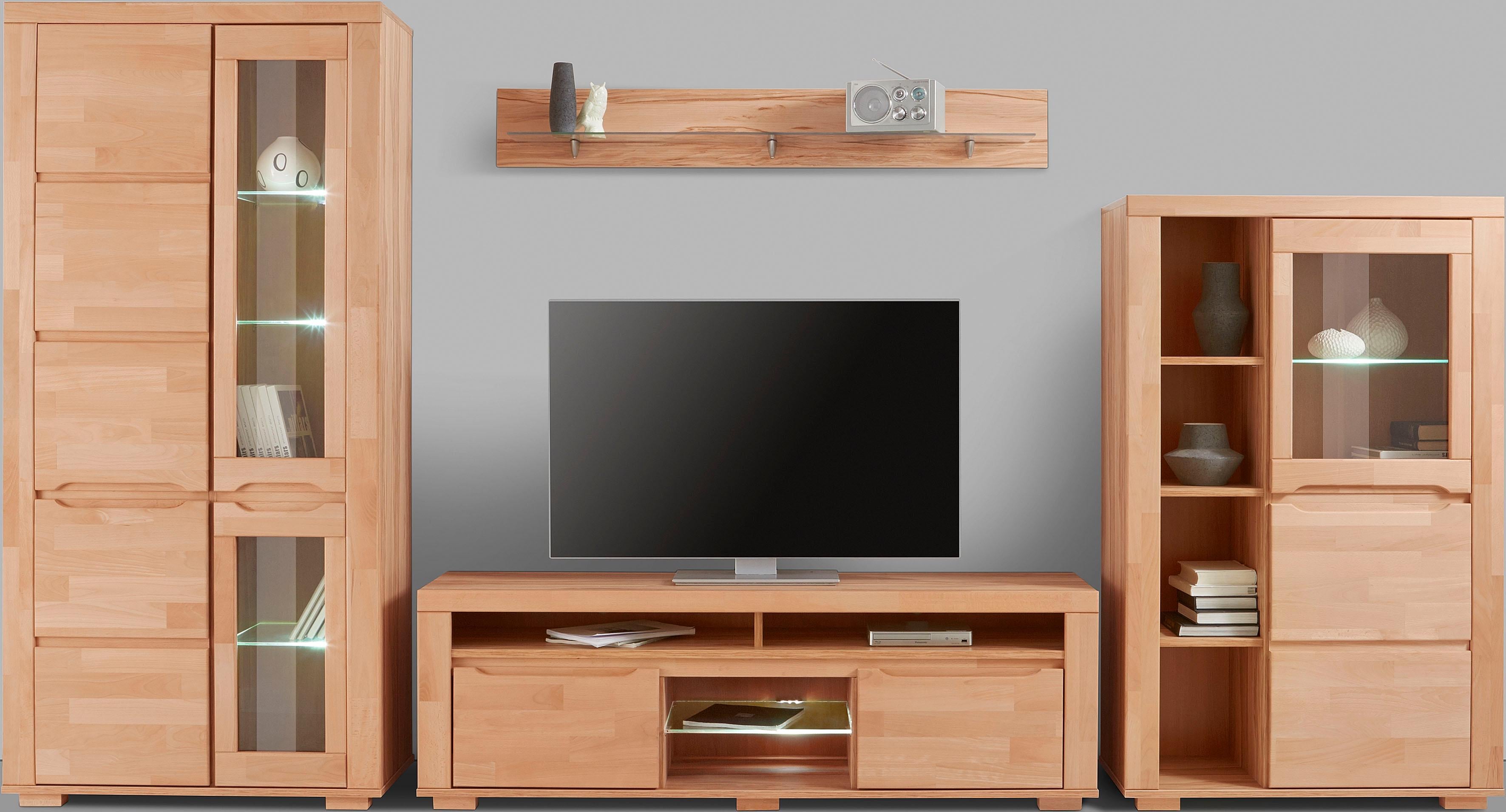 Wohnwand HOME AFFAIRE "Denis", beige (kernbuche teilmassiv), Holzwerkstoff Kernbuchefarben (Korpus)/ Massivholz Kernbuche (Front), Holz teilmassiv, Kastenmöbel-Sets, teilmassives Holz