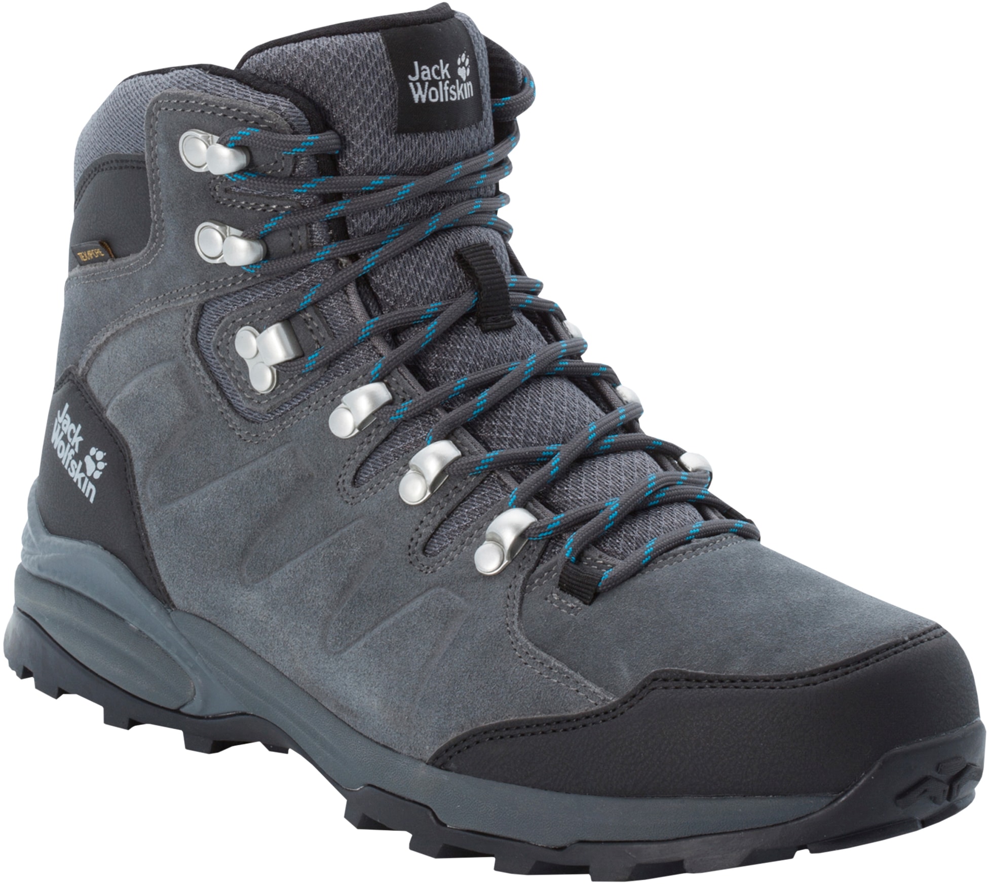 Wanderschuh JACK WOLFSKIN "REFUGIO TEXAPORE MID M", Gr. 44, grau (grau, schwarz), Leder, Textil, Schuhe, Wasserdicht, Trekkingschuh