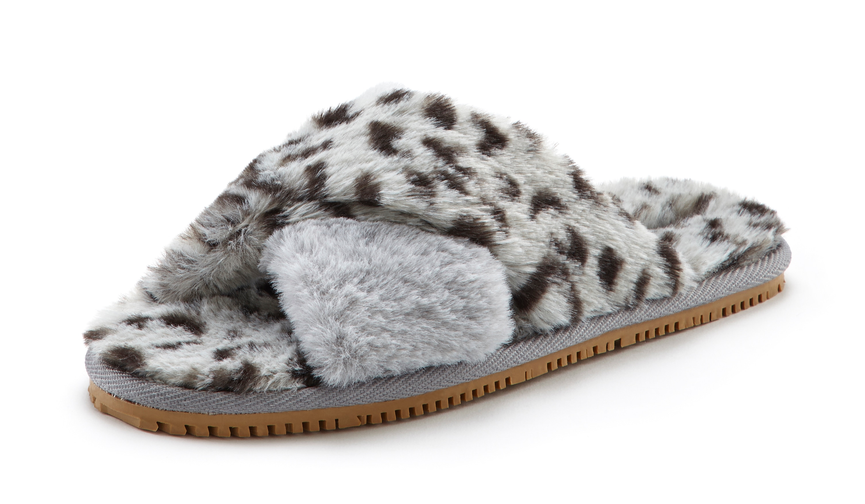 Hausschuh LASCANA "Mule, Sandale, offener Schuh, Pantolette, Pantoffel", Damen, Gr. 38, grau (grau, leo), Obermaterial: 100% Textilmaterial. Futter: 100% Textilmaterial. Decksohle: 100% Textilmaterial. Laufsohle: 100% Synthetik, animal-print, Schuhe...