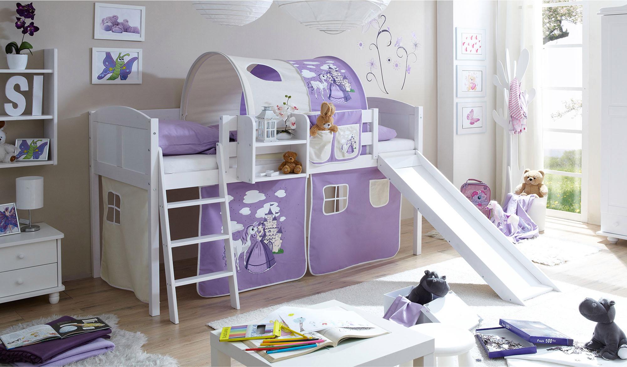 Hochbett TICAA "Ekki", weiß (kiefer massiv weiß gewachst, prinzessin, lila), B:207cm H:118cm L:206cm, Hochbetten, Hochbett, mit Rollrost und in verschiedenen Ausführungen, Kiefer