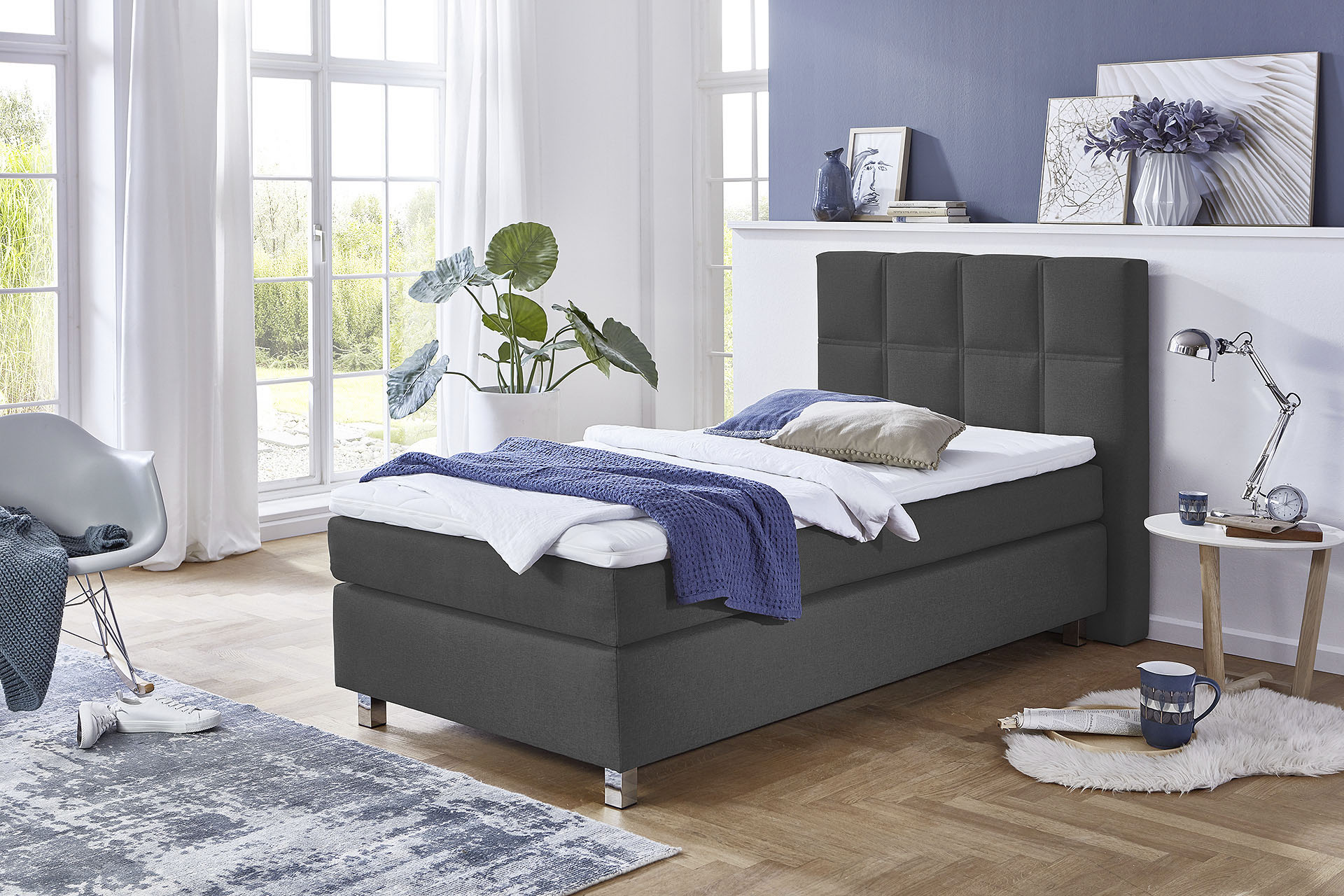 Boxspringbett, grau (charcoal), B:105cm L:210cm, Bezug Bett: Feinstruktur 100% Polyester;Bezug Bonnell-Federkernmatratze: 100% Polyester;Bezug Kaltschaummatratze: 100% Polyester;Bezug Tonnentaschenfederkernmatratze: 80% Baumwolle,...